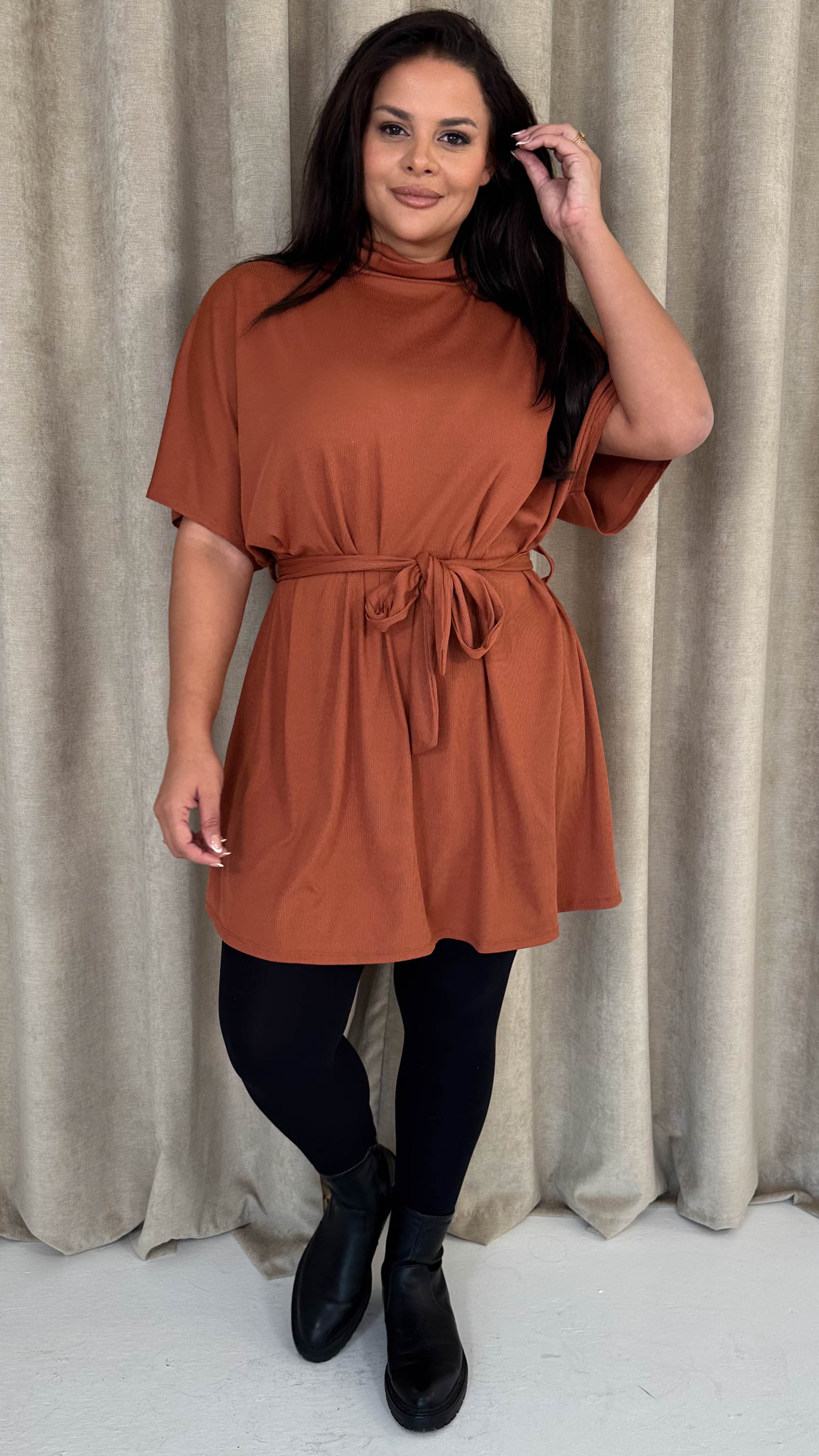 CurveWow High Neck Tie Waist Mini Dress Rust - Insurauncei