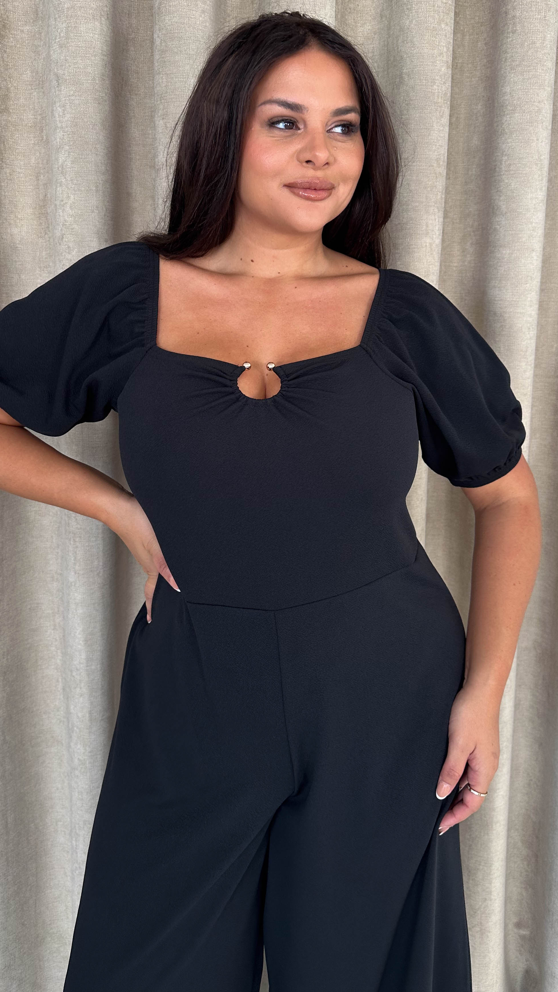 CurveWow O-Ring Milkmaid Wideleg Jumpsuit Black - Insurauncei