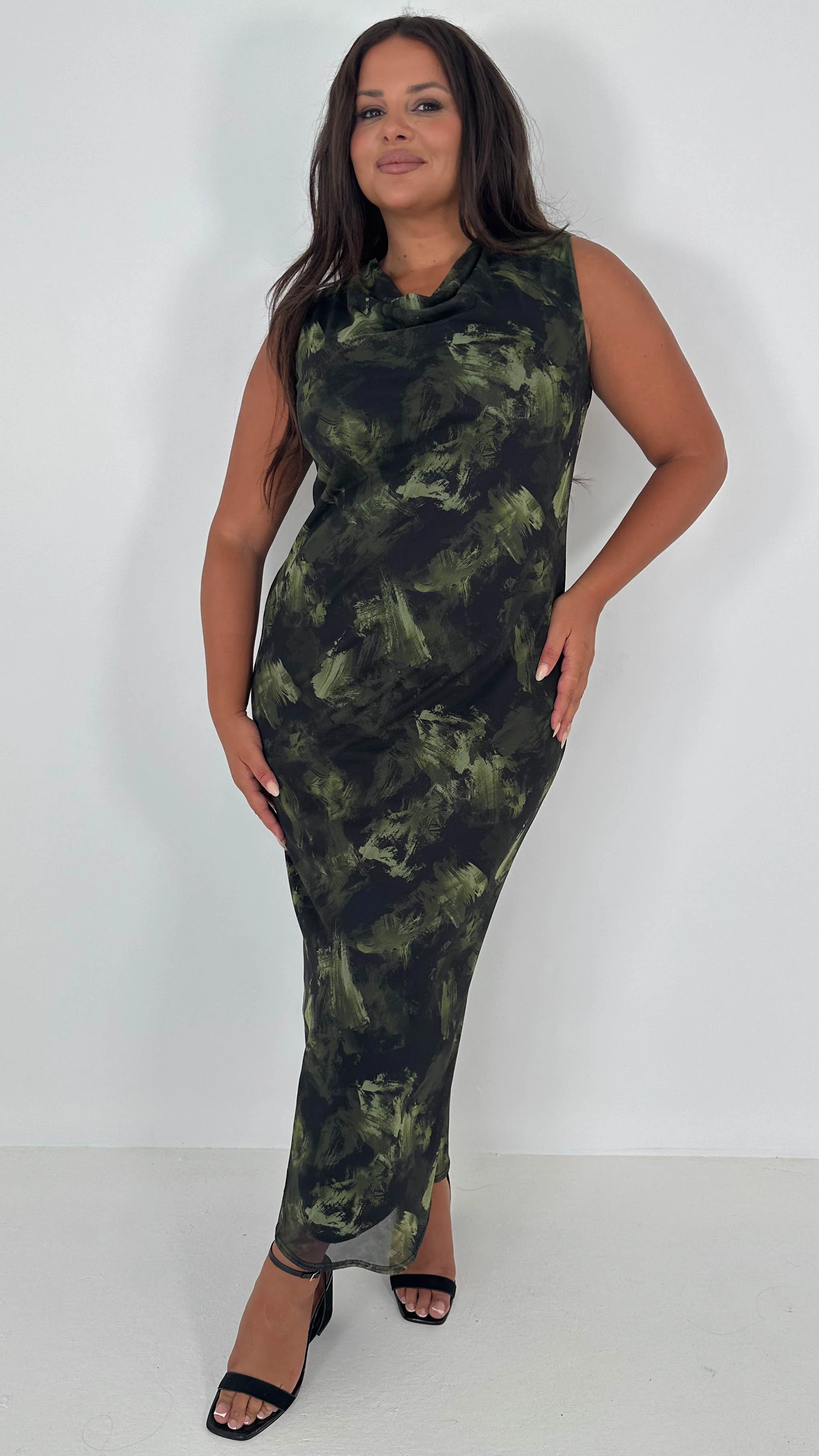 CurveWow Cowl Neck Mesh Midaxi Dress Green Brushstroke - Insurauncei