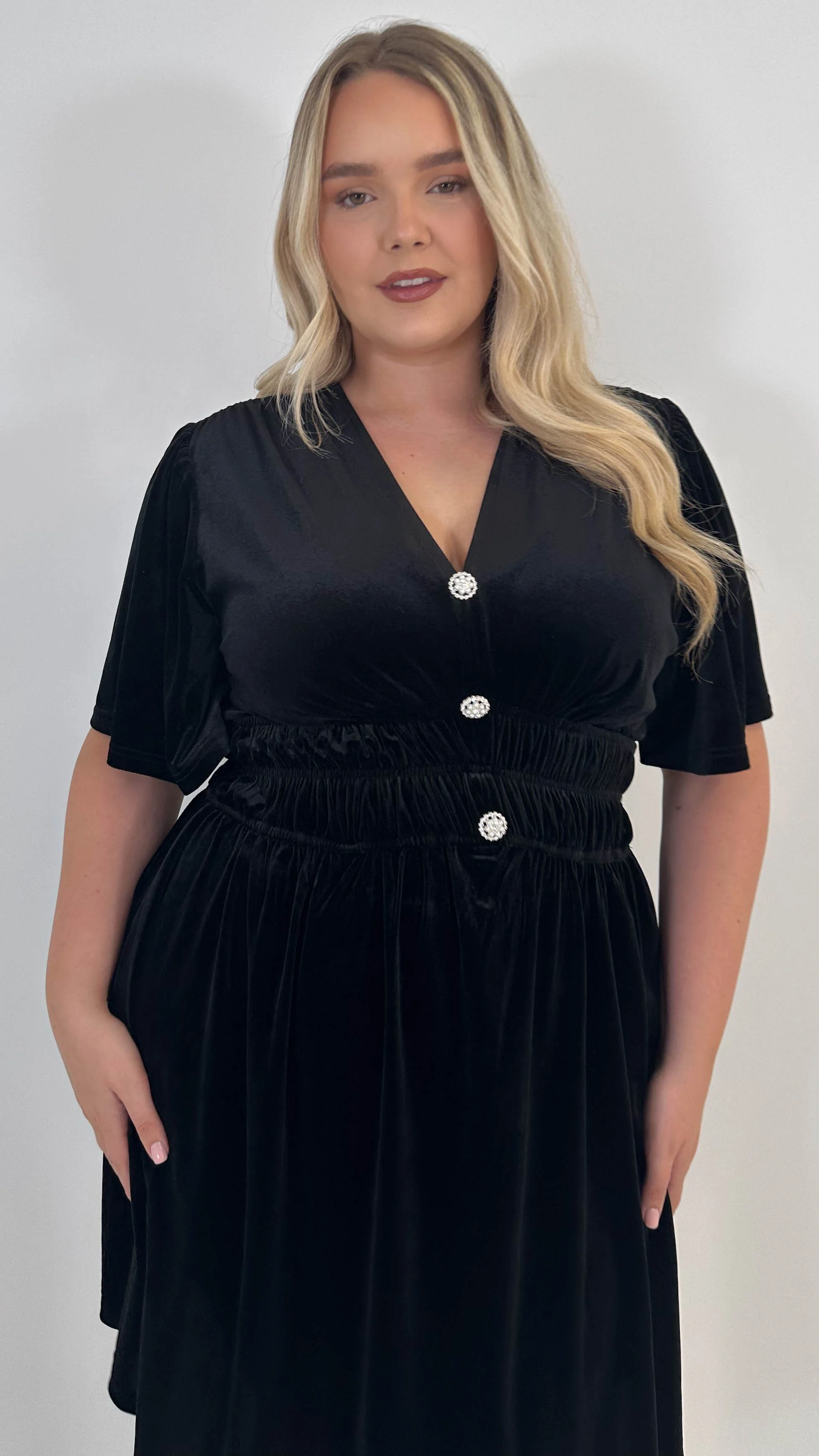 CurveWow Velvet Diamante Button Front Mini Dress Black - Insurauncei