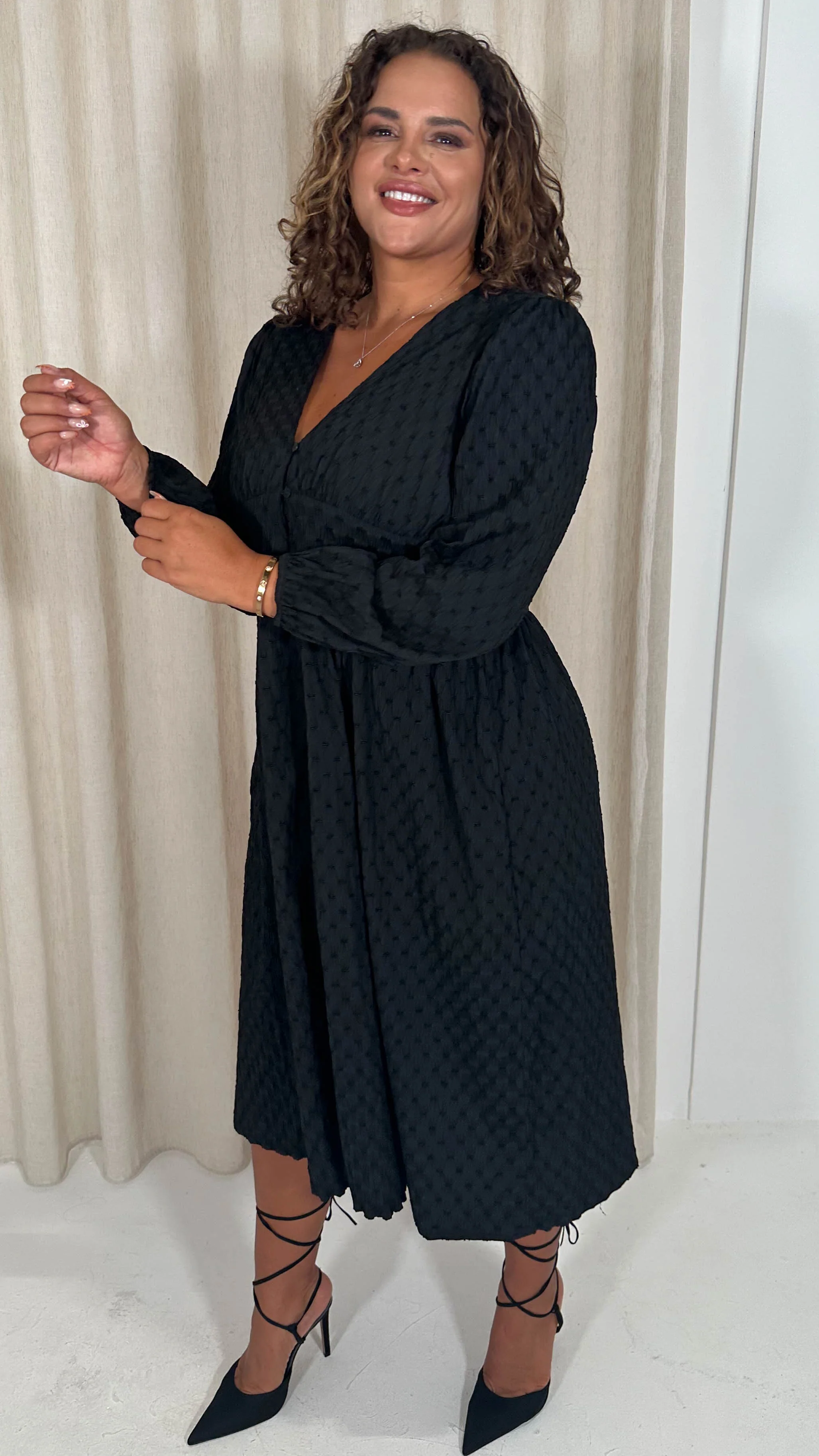 CurveWow Dobby Textured Button Front Midi Dress Black - Insurauncei