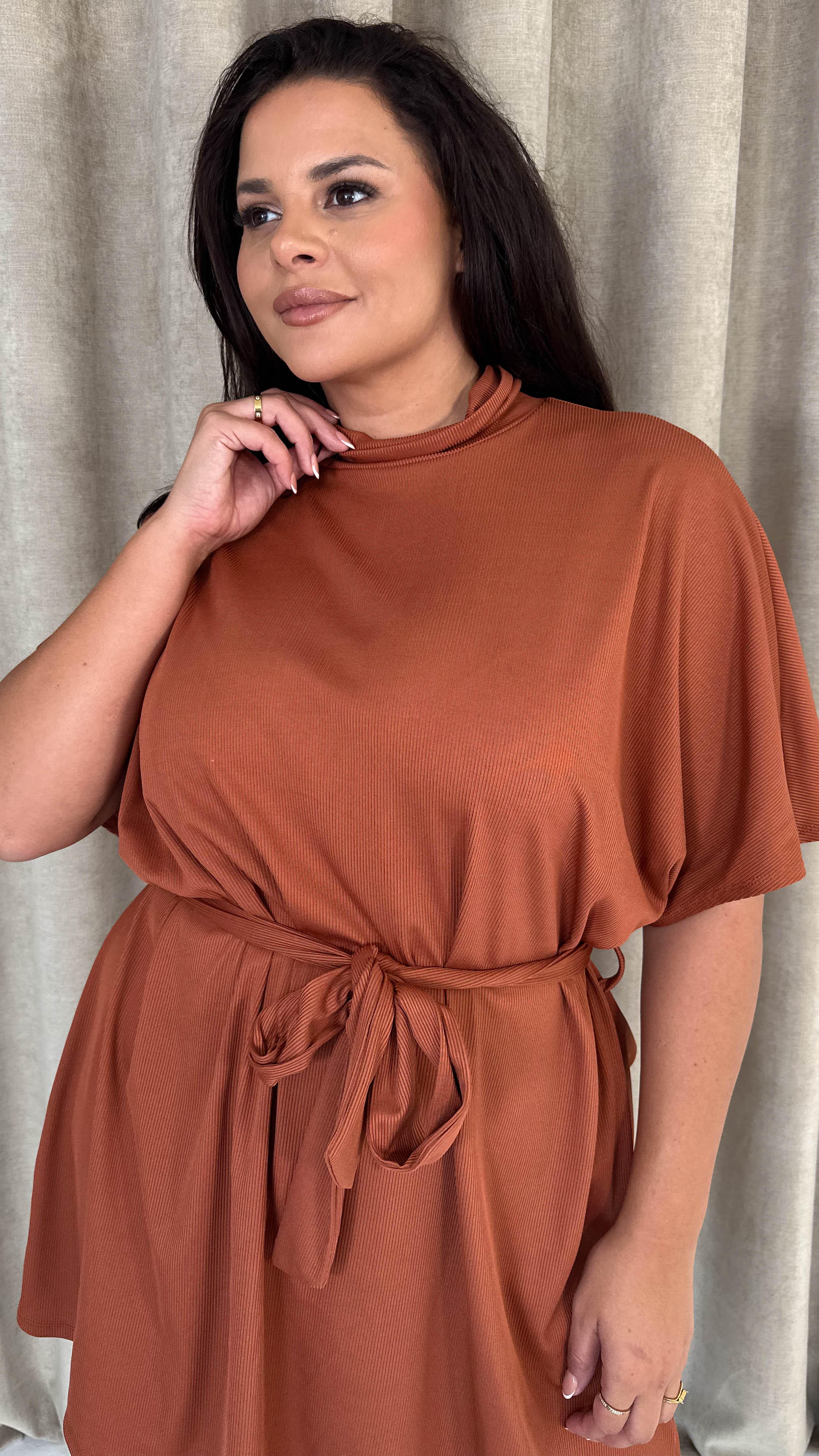 CurveWow High Neck Tie Waist Mini Dress Rust - Insurauncei