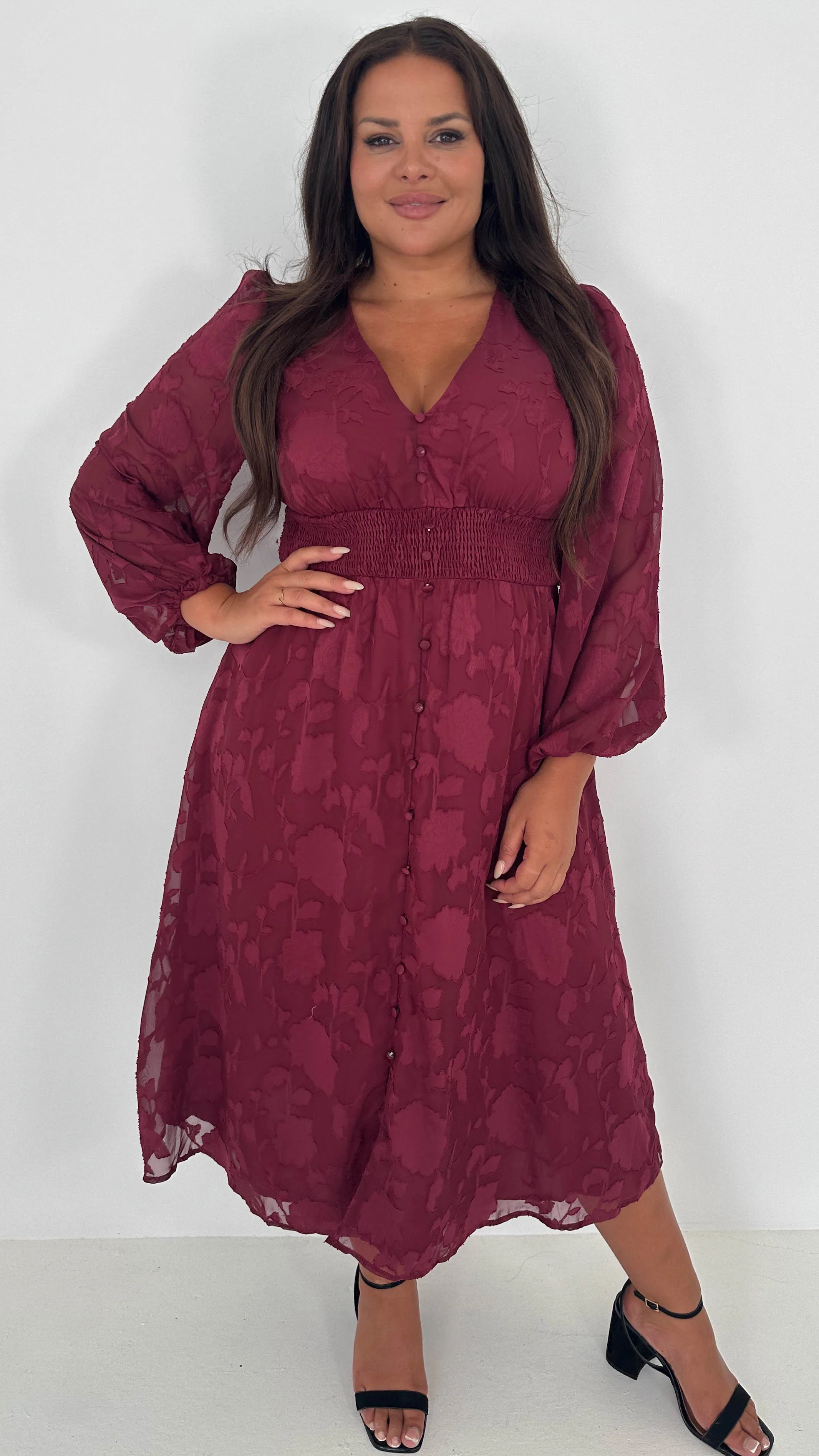 CurveWow Davore V-Neck Button Front Dress Wine - Insurauncei