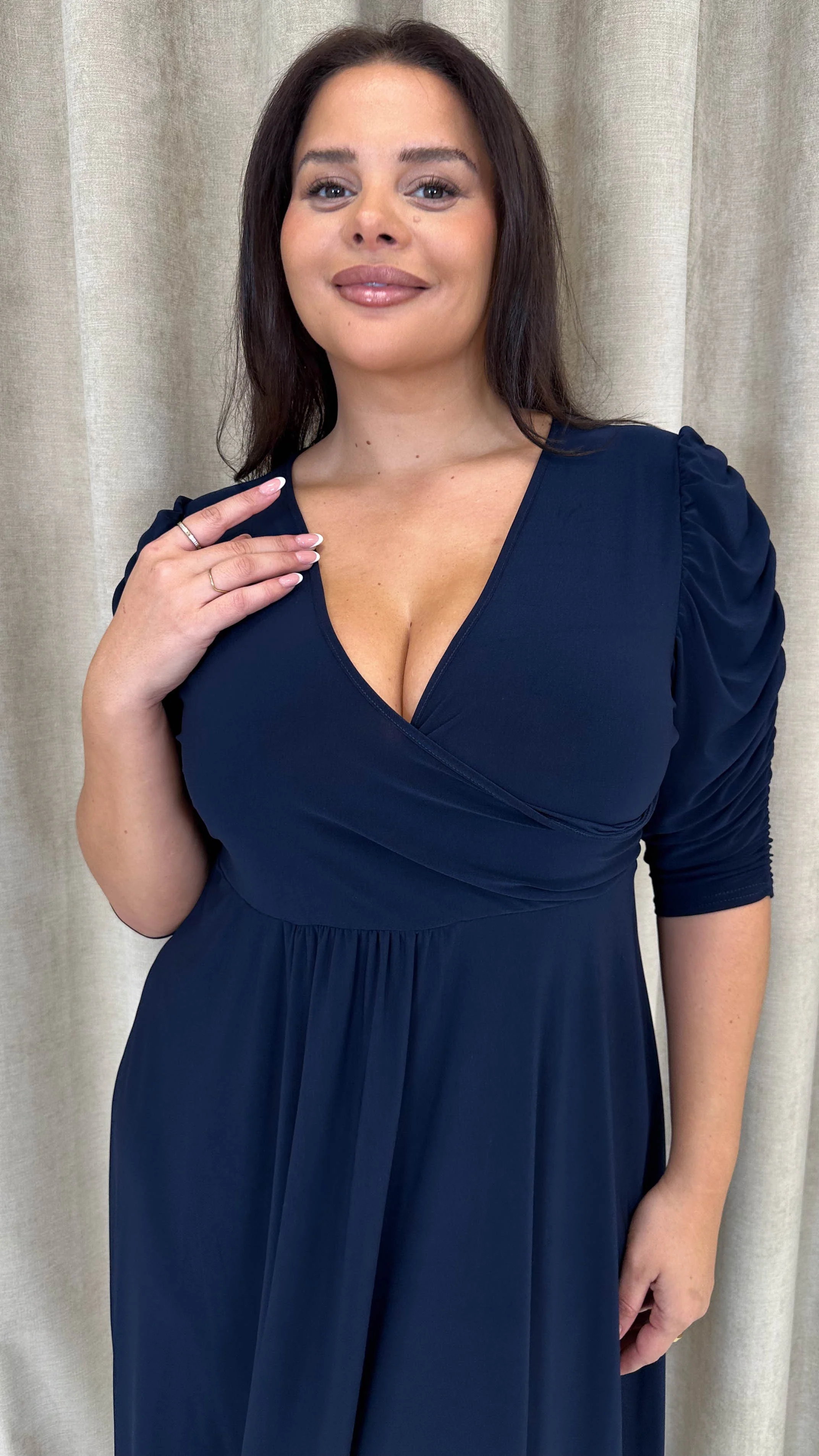 CurveWow 3/4 Balloon Sleeve Wrap Midi Dress Navy - Insurauncei