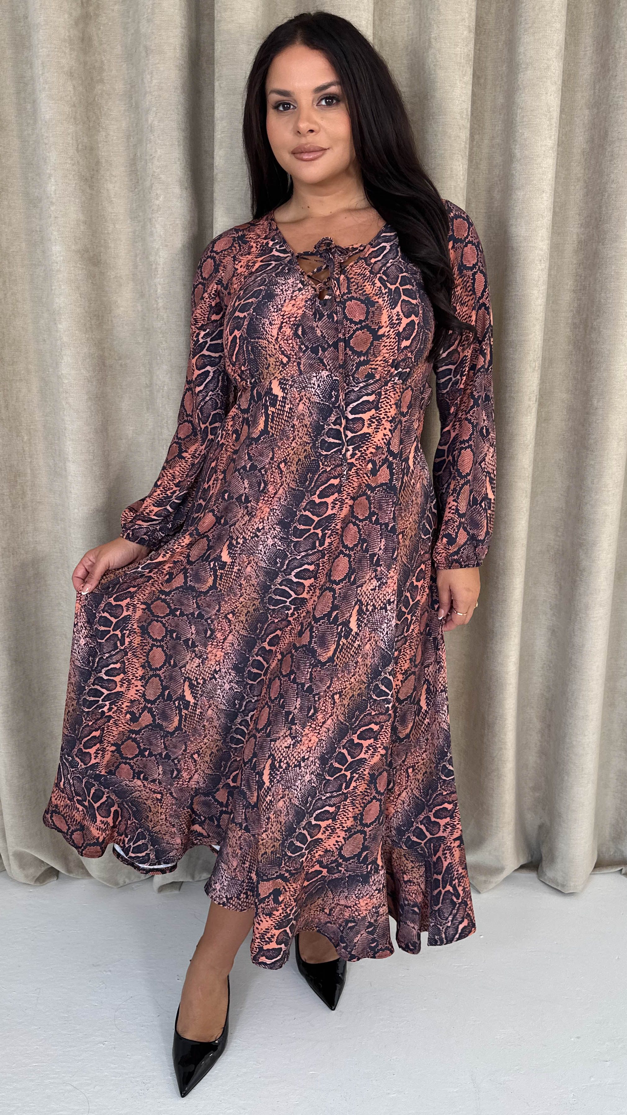 CurveWow Lace Front Frill Hem Midi Dress Snake - Insurauncei