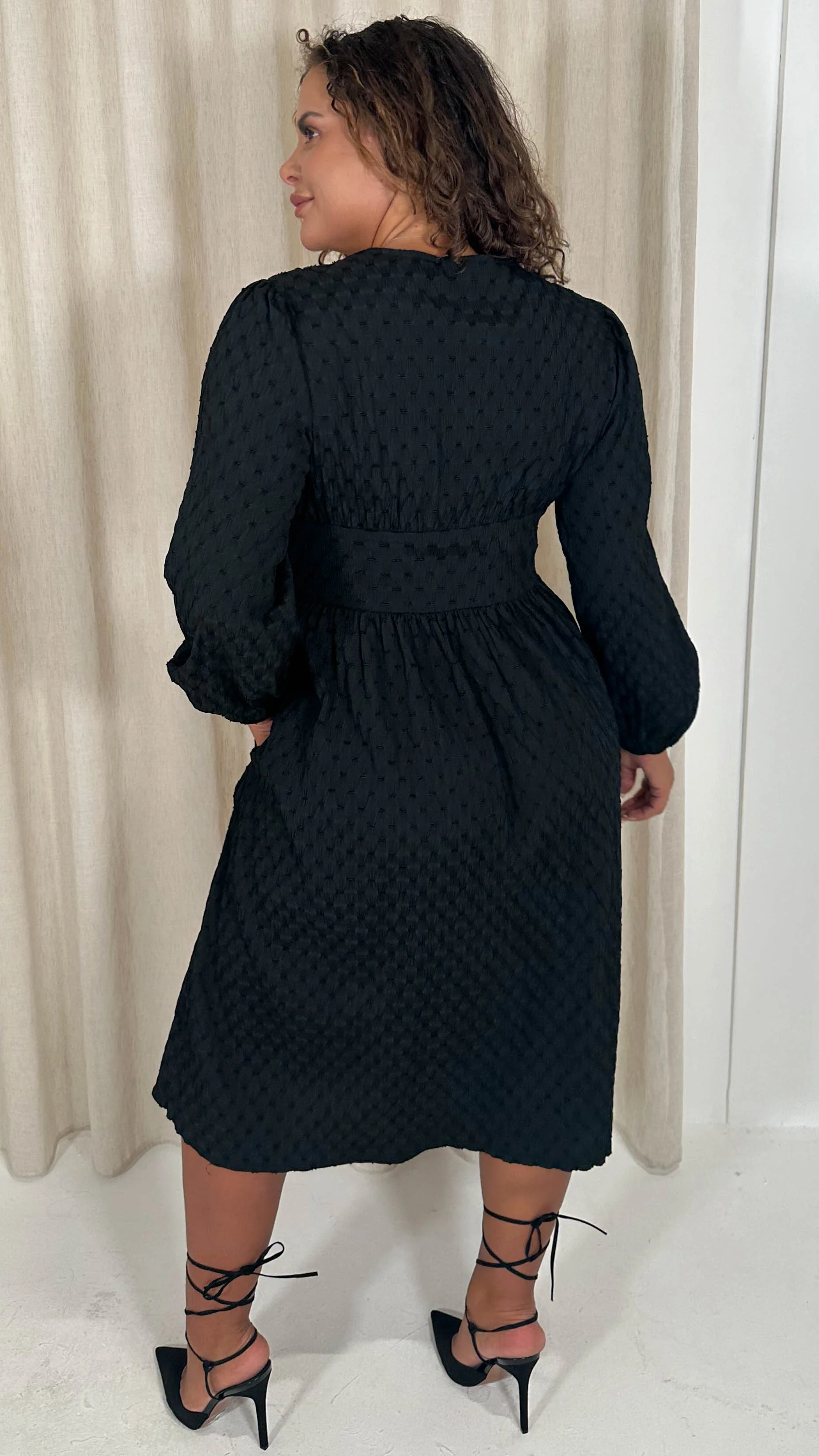 CurveWow Dobby Textured Button Front Midi Dress Black - Insurauncei