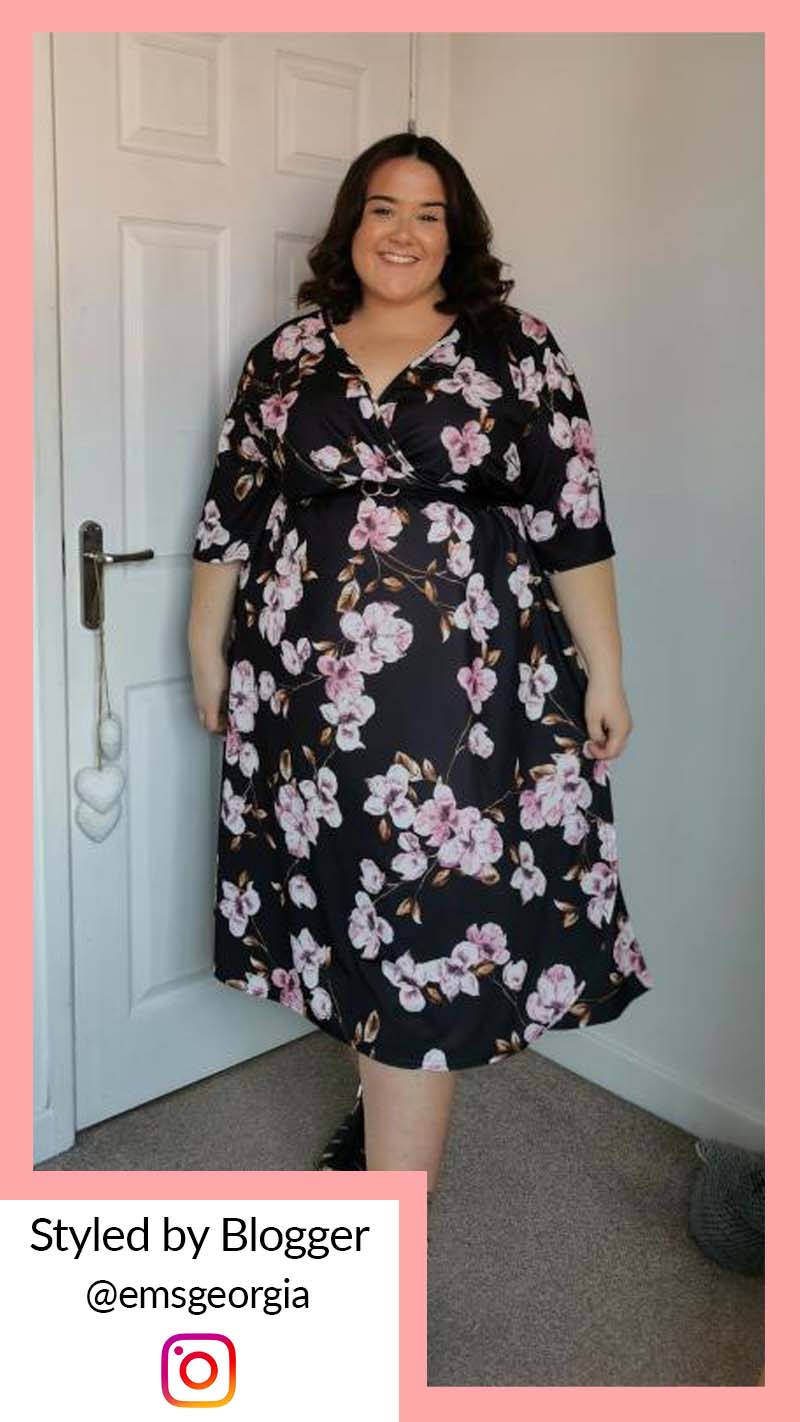 CurveWow Wrap Midi Dress Black Pink Floral - Insurauncei