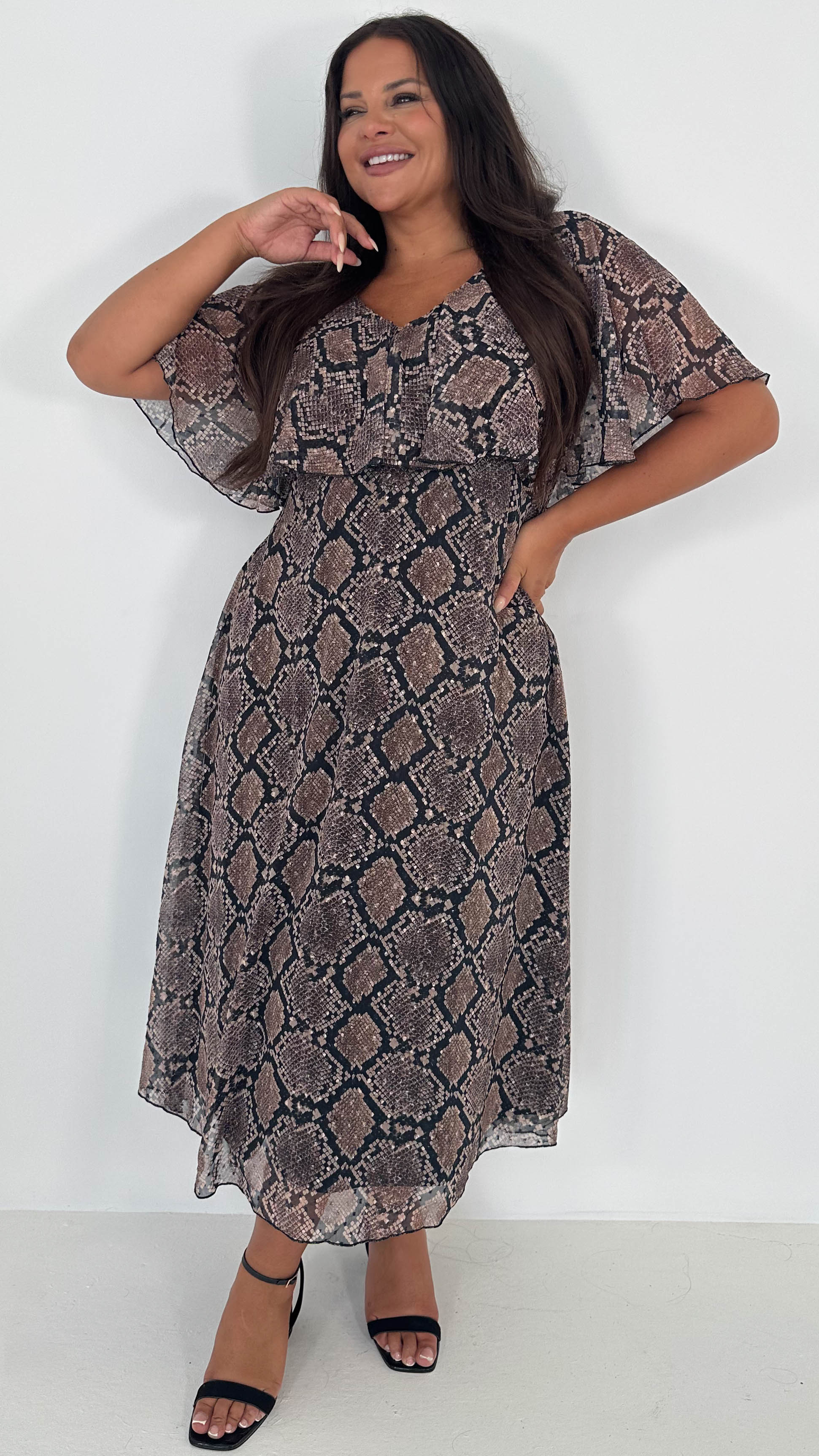 CurveWow Cape Frill Midaxi Dress Snake Print - Insurauncei