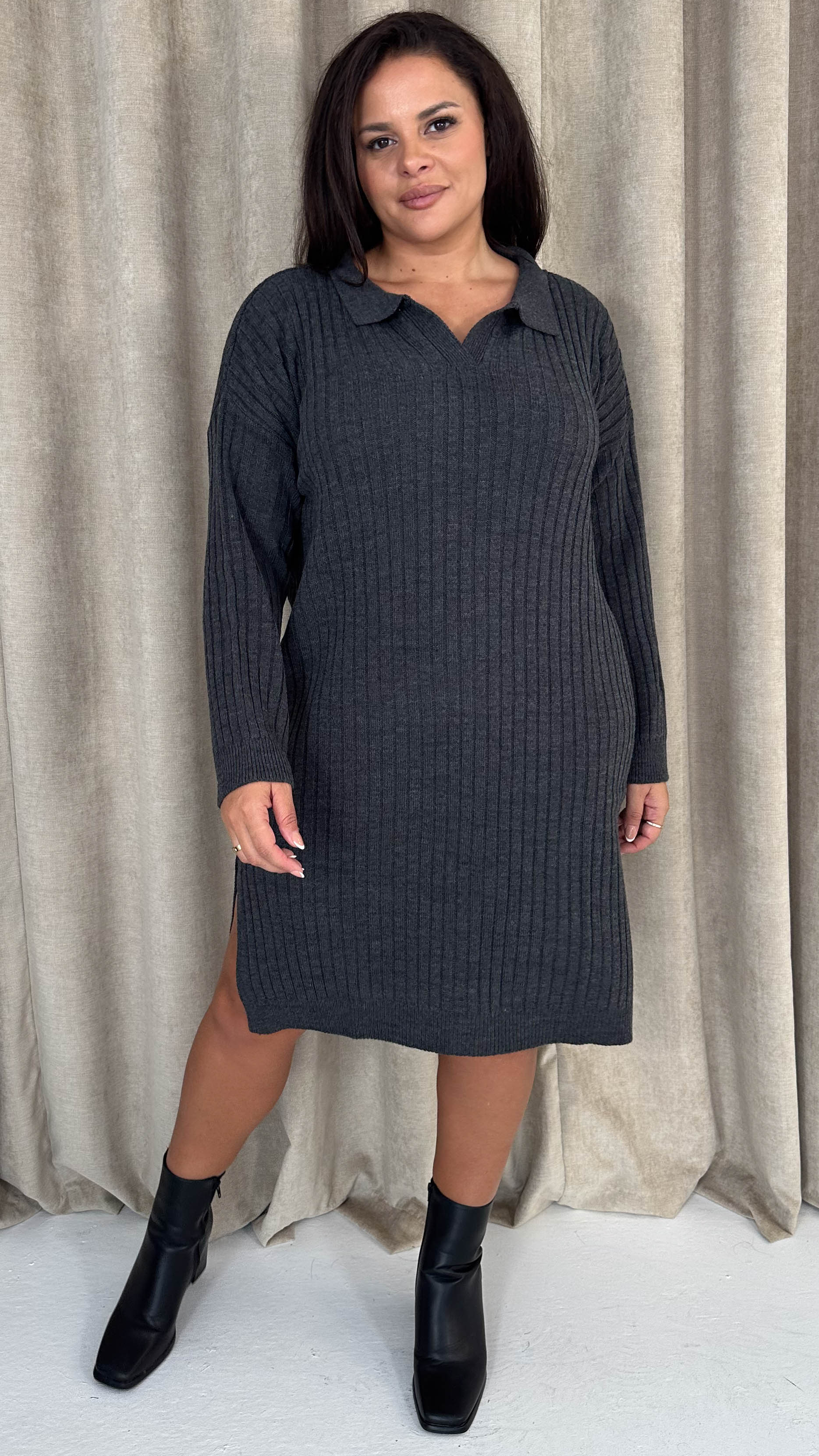 CurveWow Collar Rib Knitted Jumper Dress Charcoal - Insurauncei