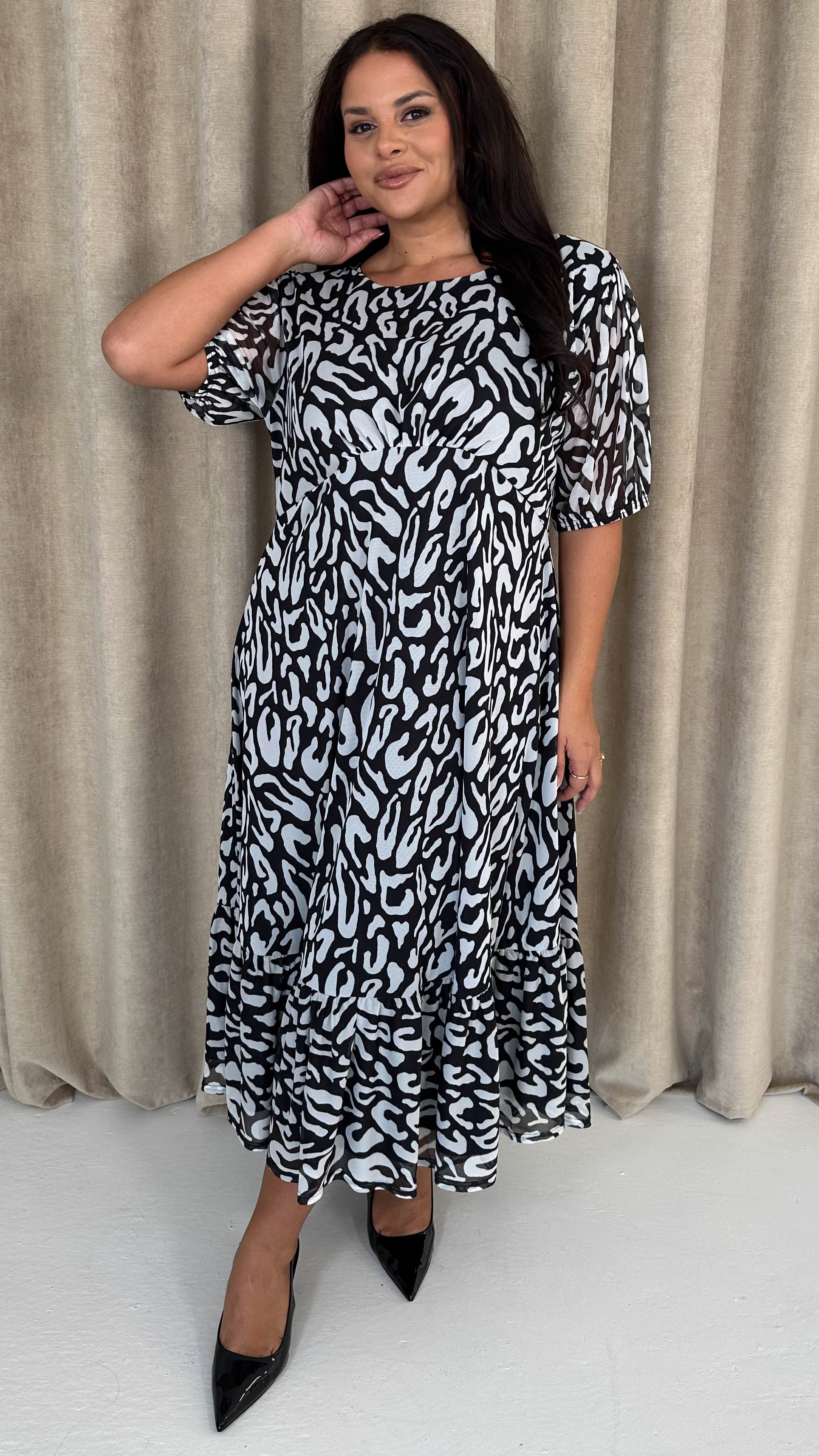 CurveWow Mesh Puff Sleeve Dress Black Leopard - Insurauncei