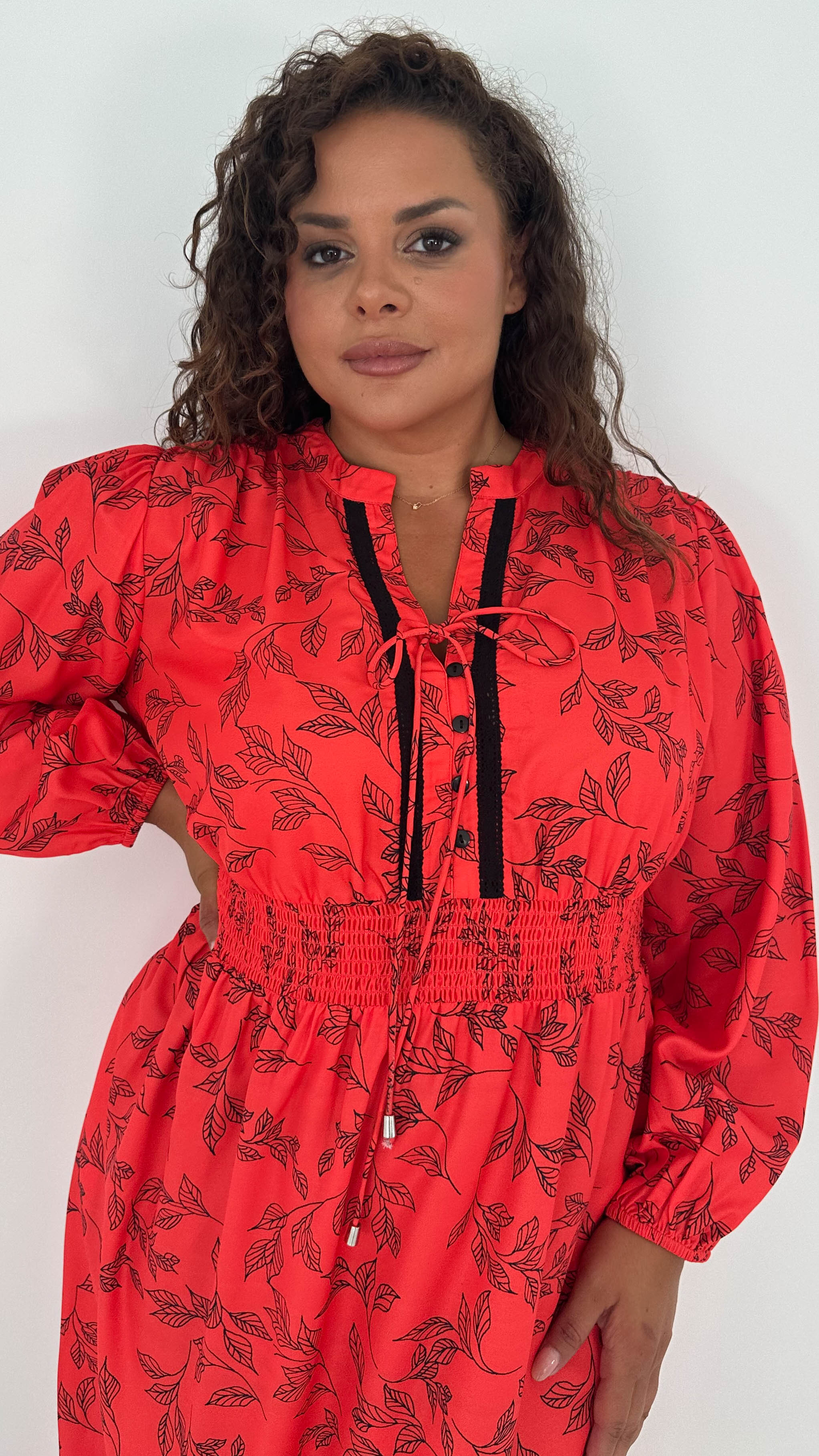 CurveWow Lace Insert Printed Midi Dress Red Leaf - Insurauncei