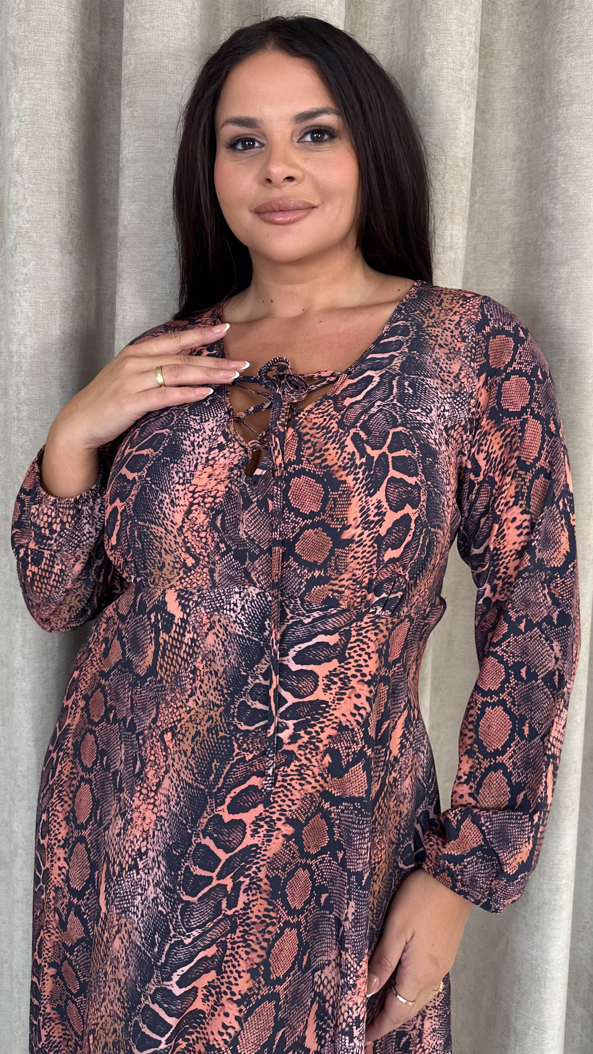 CurveWow Lace Front Frill Hem Midi Dress Snake - Insurauncei