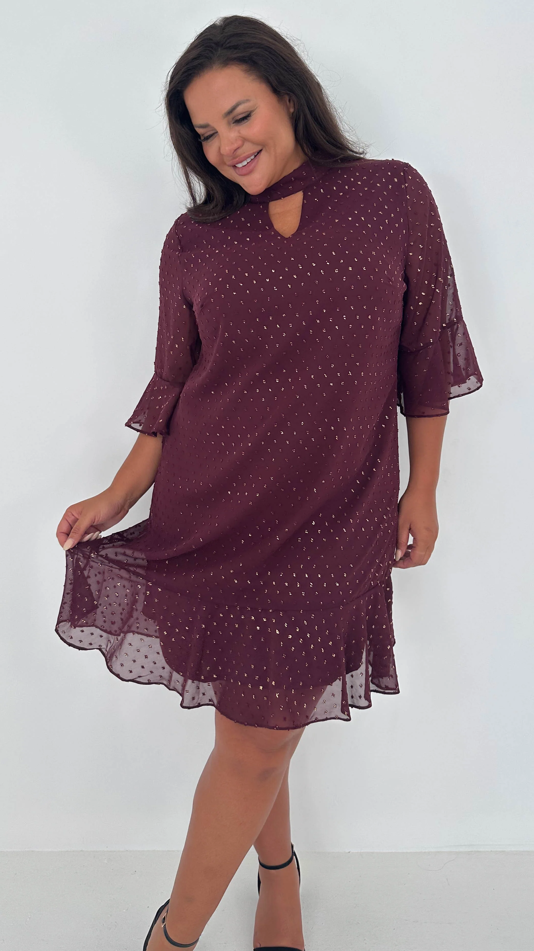 CurveWow Gold Spot Keyhole Shift Dress Plum - Insurauncei