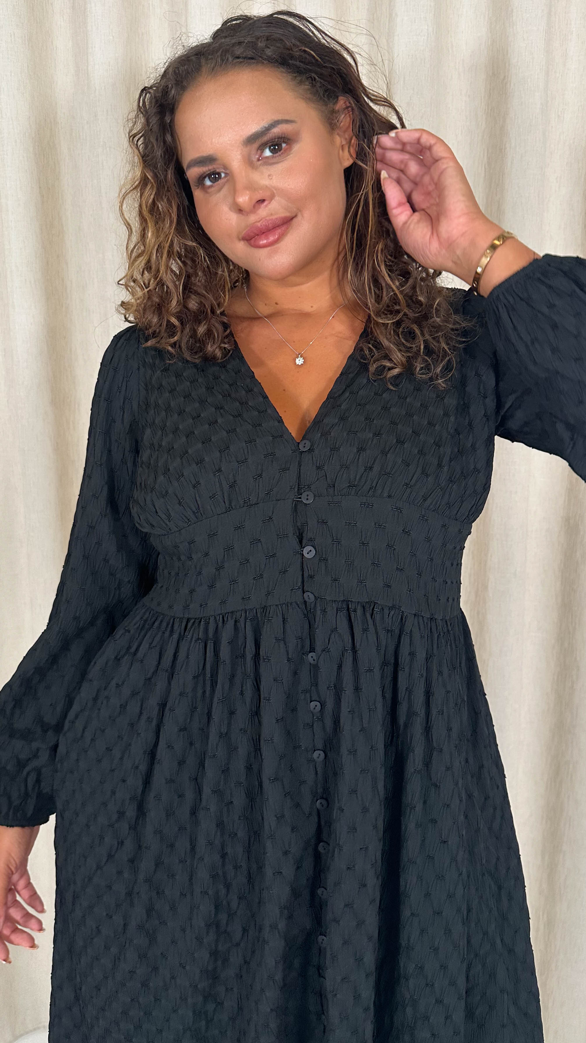 CurveWow Dobby Textured Button Front Midi Dress Black - Insurauncei