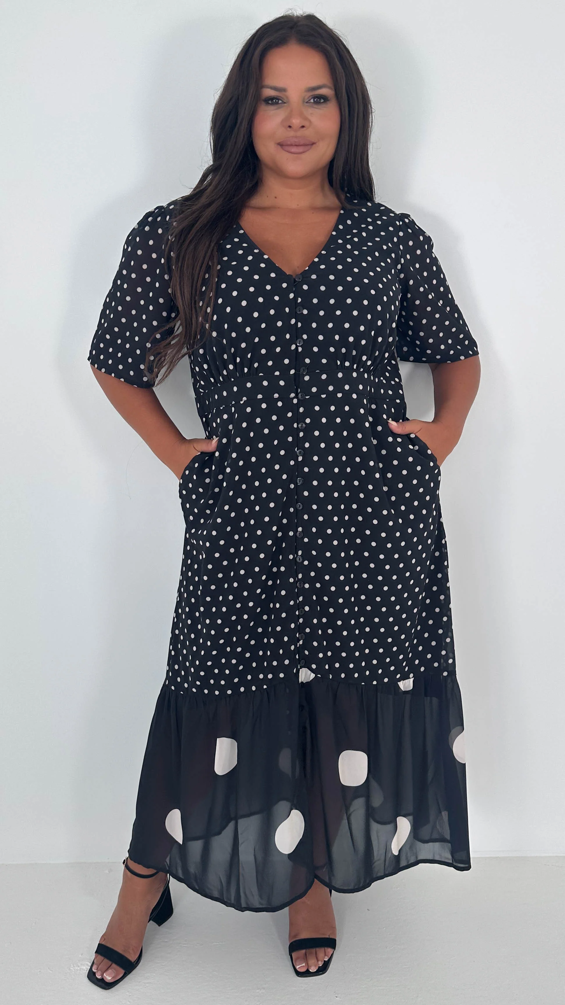 CurveWow Double Spot Frill Hem Maxi Dress Black - Insurauncei