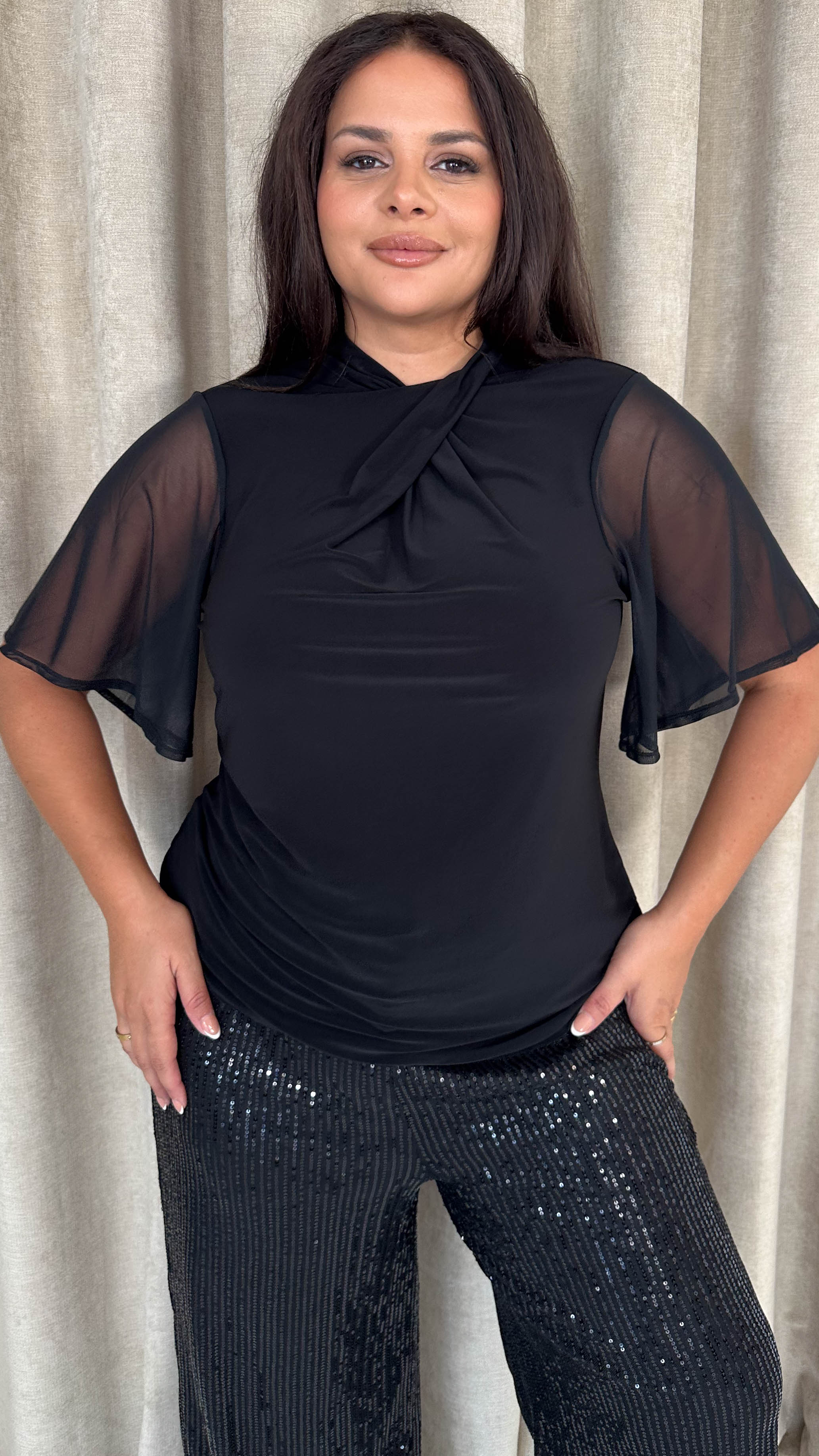 CurveWow Mesh Angel Sleeve Twist Neck Top Black - Insurauncei
