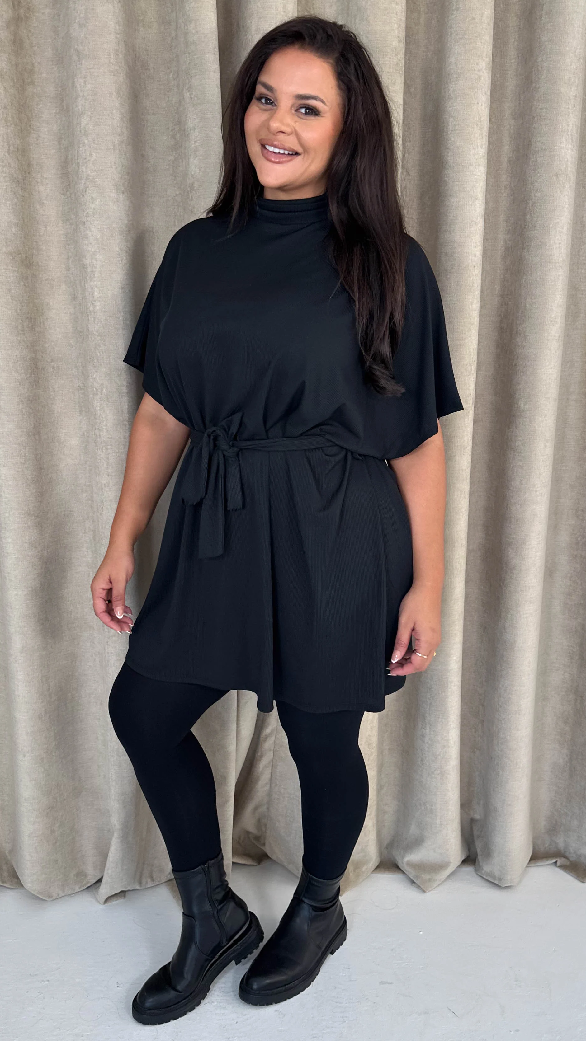 CurveWow High Neck Tie Waist Mini Dress Black - Insurauncei