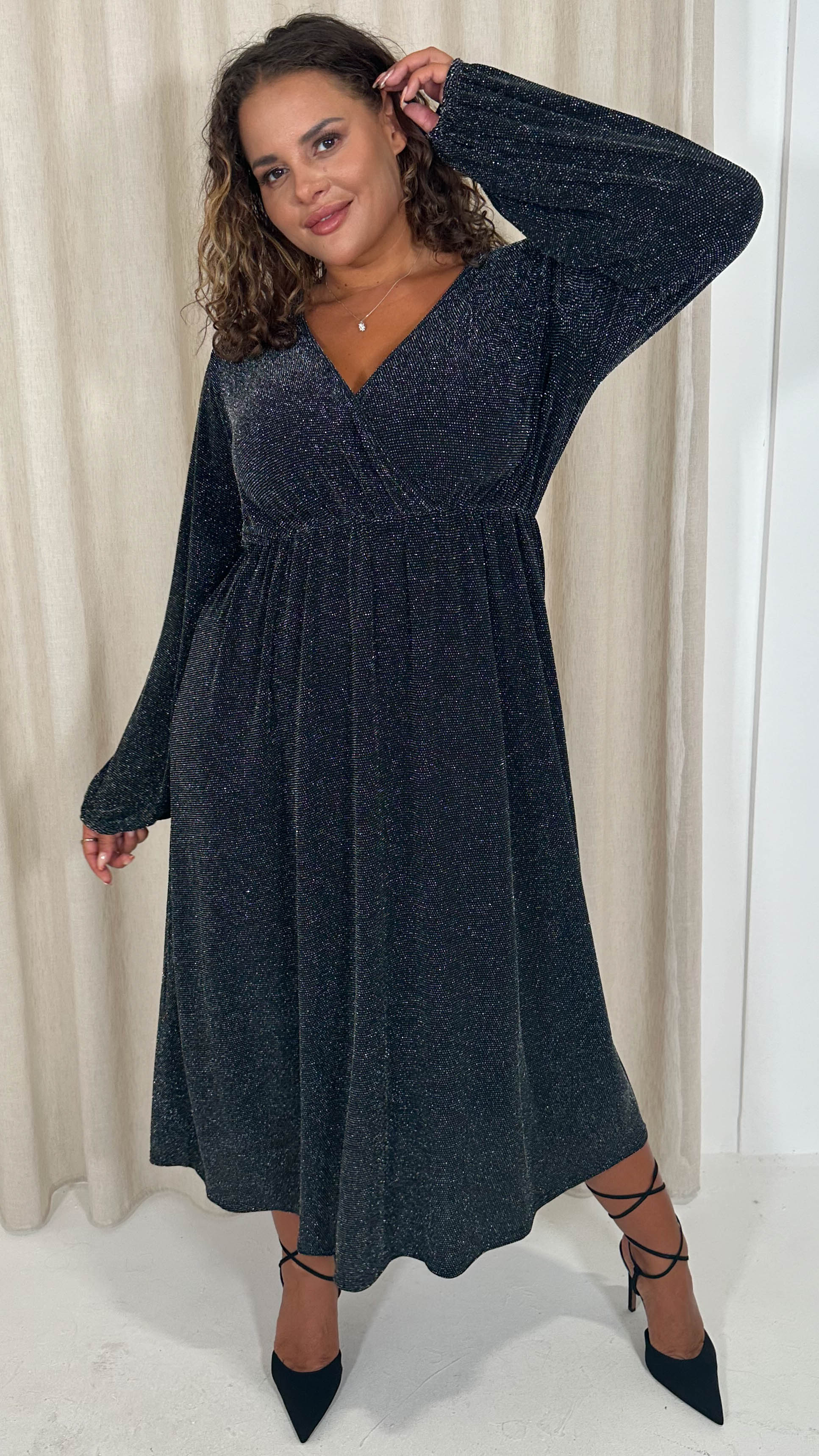 CurveWow Wrap Balloon Sleeve Midaxi Dress Black Silver - Insurauncei