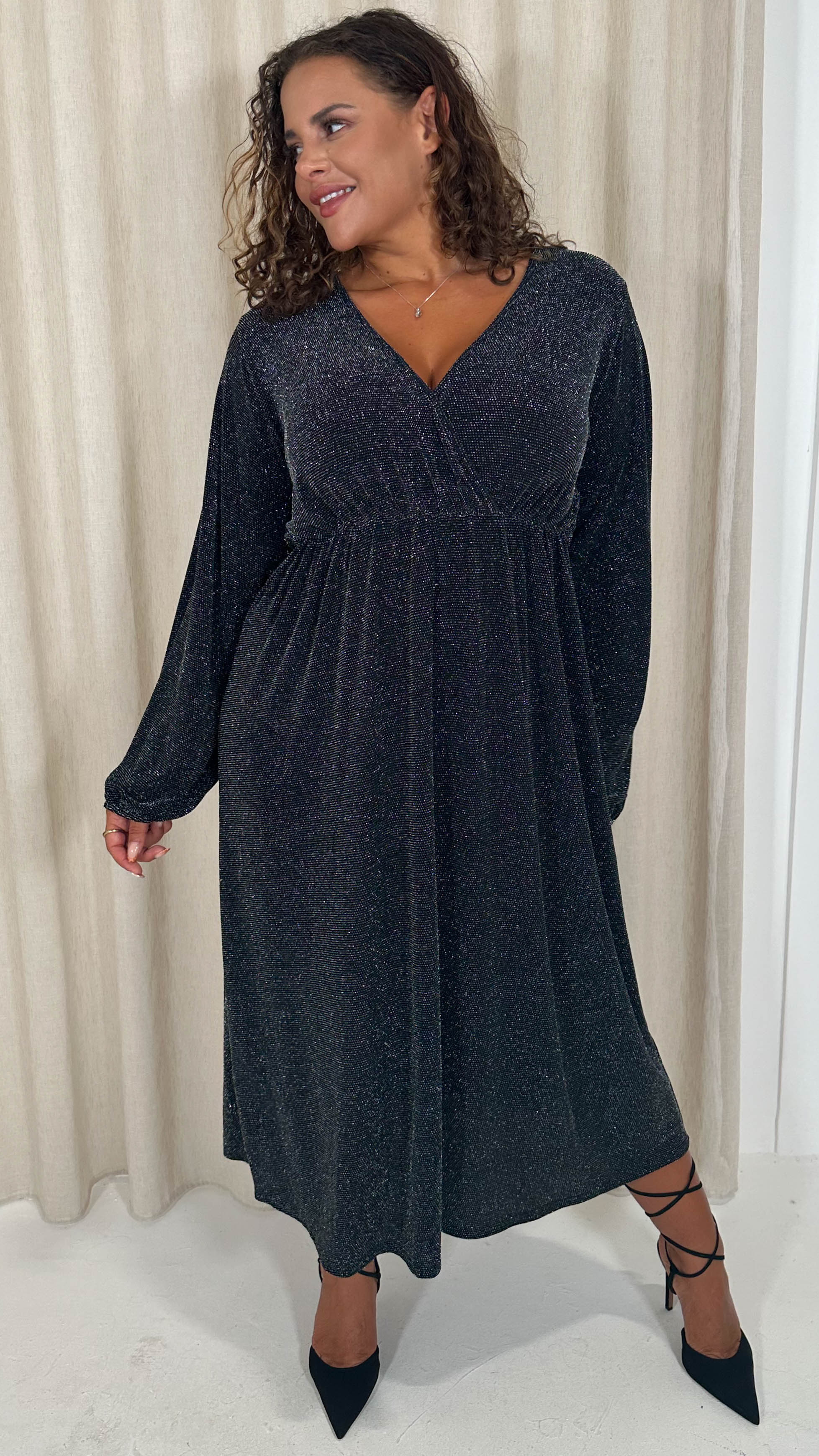 CurveWow Wrap Balloon Sleeve Midaxi Dress Black Silver - Insurauncei