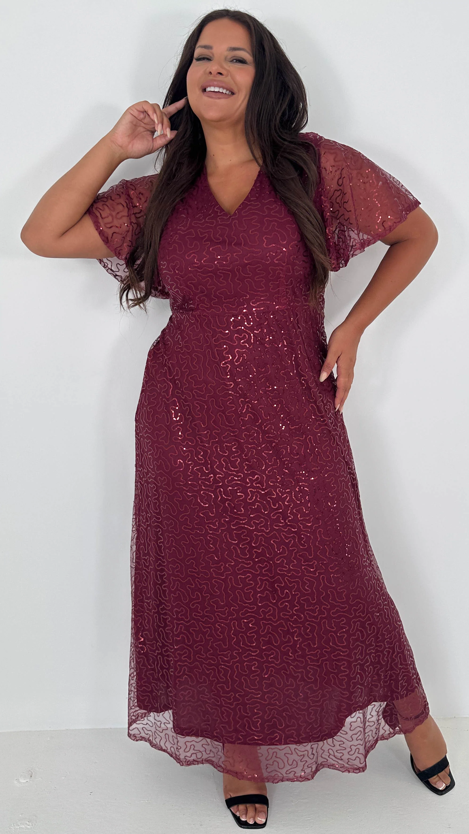 CurveWow Sequin Maxi Dress Wine - Insurauncei