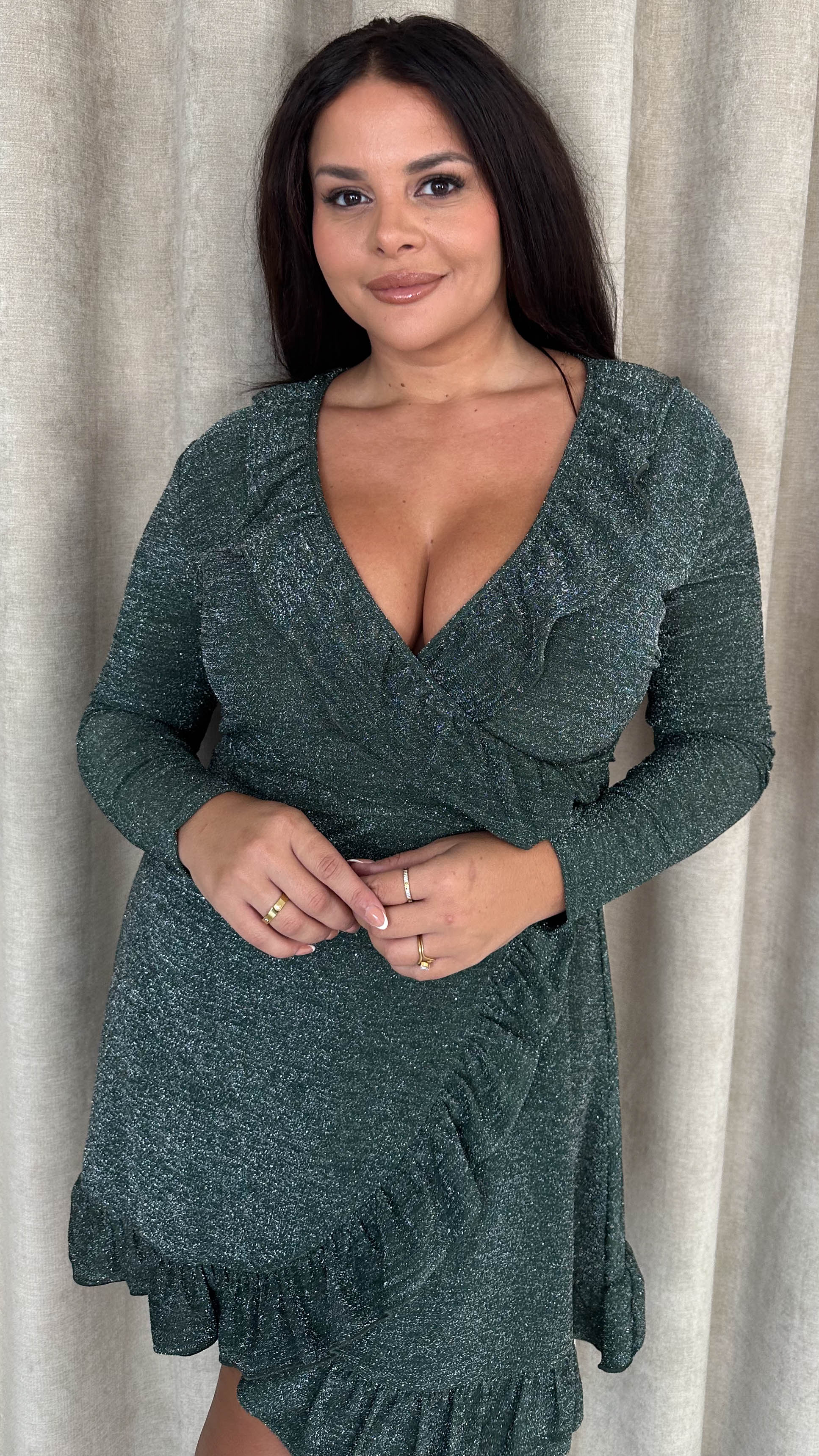 CurveWow Sparkle Ruffle Mini Dress Khaki - Insurauncei