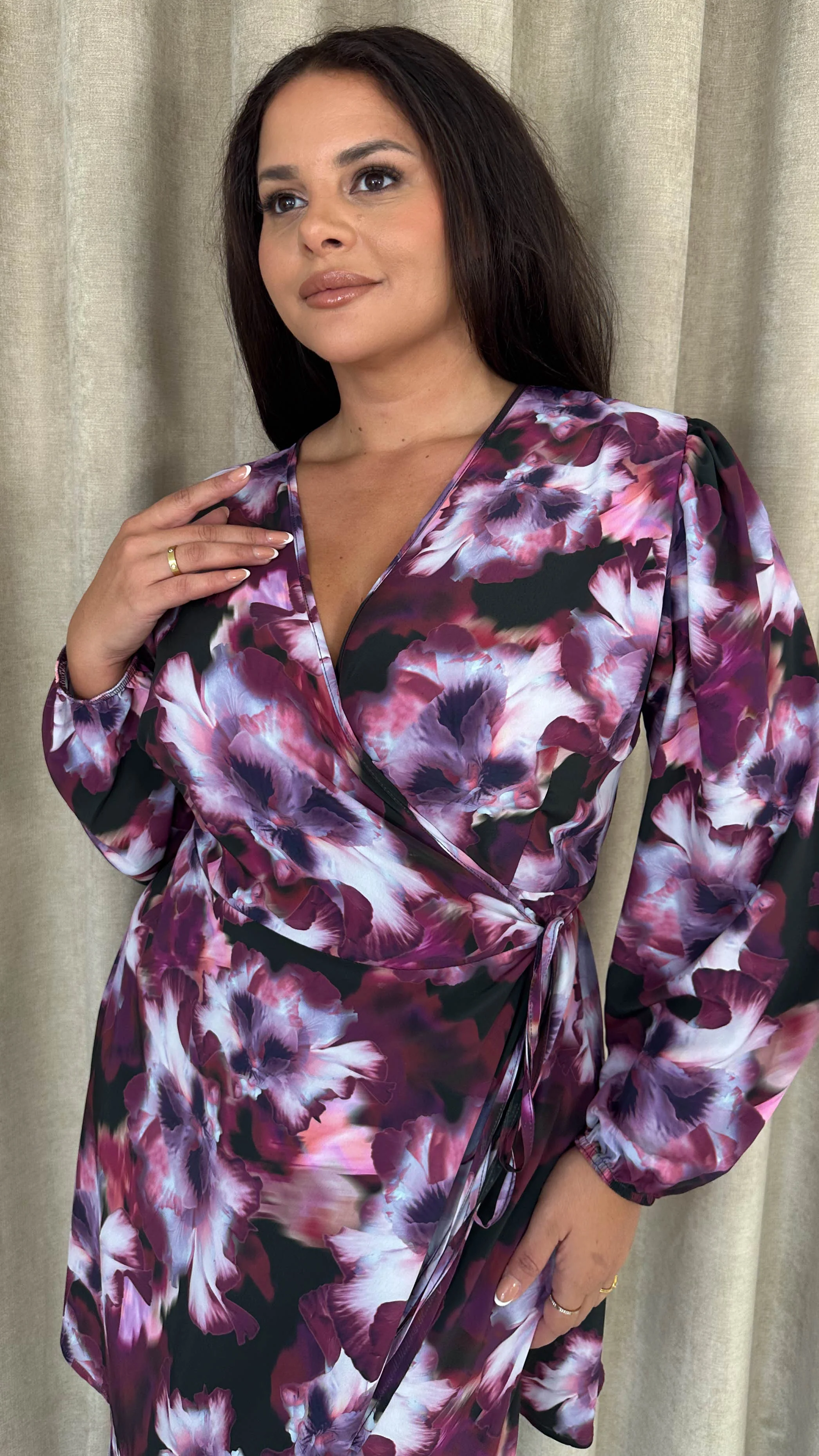 CurveWow Balloon Sleeve Wrap Mini Dress Multi Floral - Insurauncei