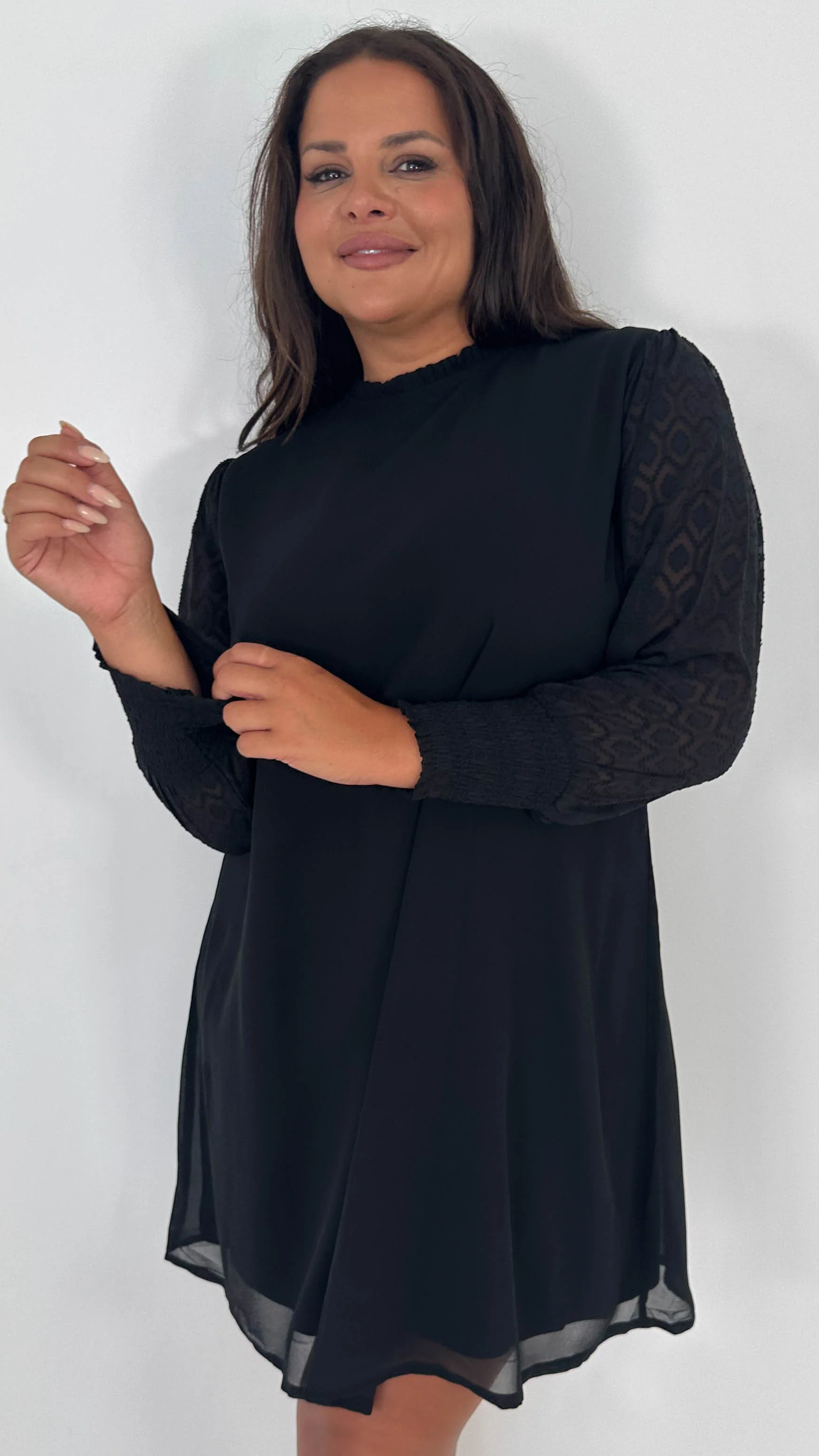 CurveWow Black Sheer Sleeve Shift Dress - Insurauncei