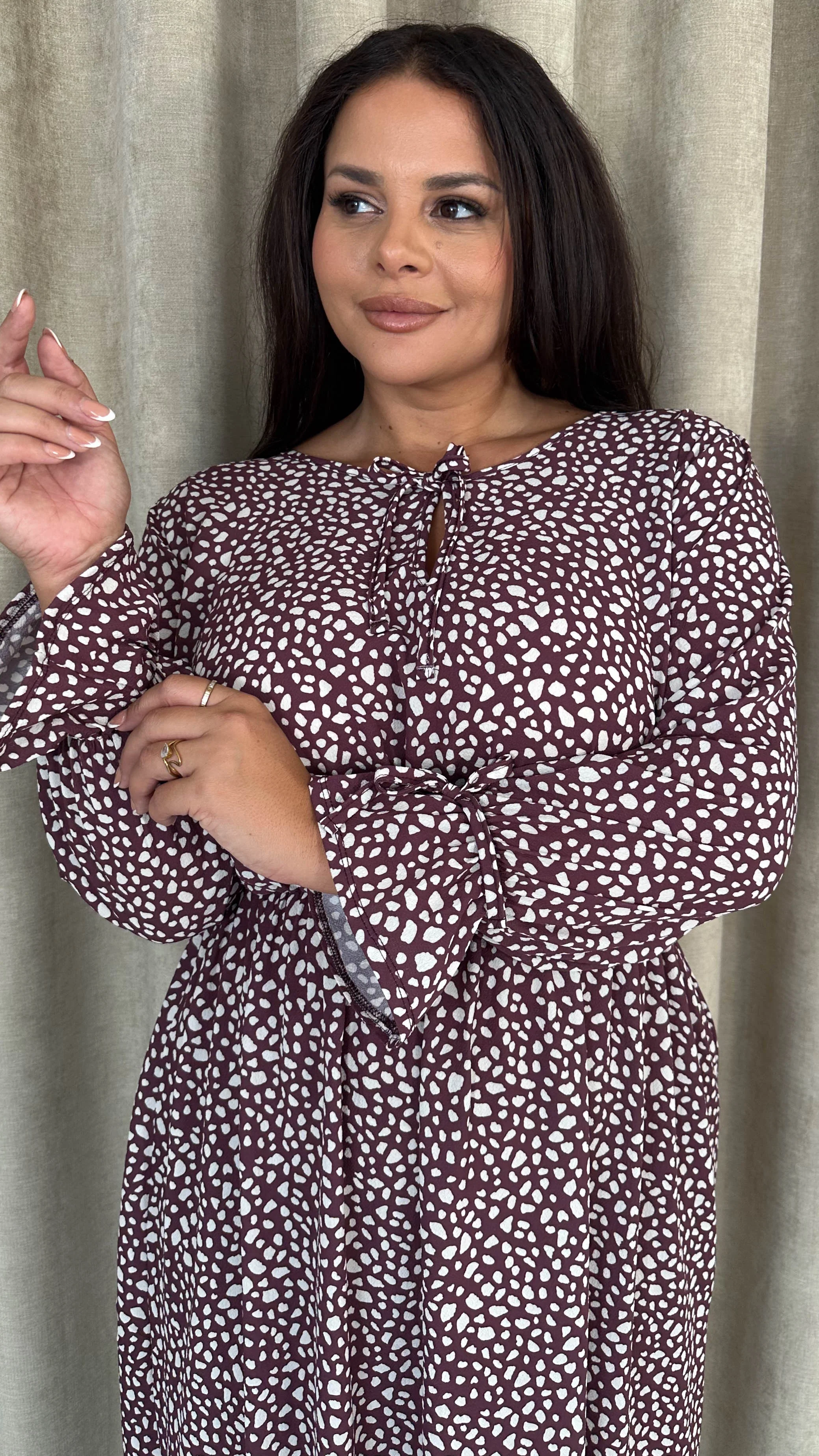 CurveWow Tie Cuff Midaxi Dress Plum Animal - Insurauncei