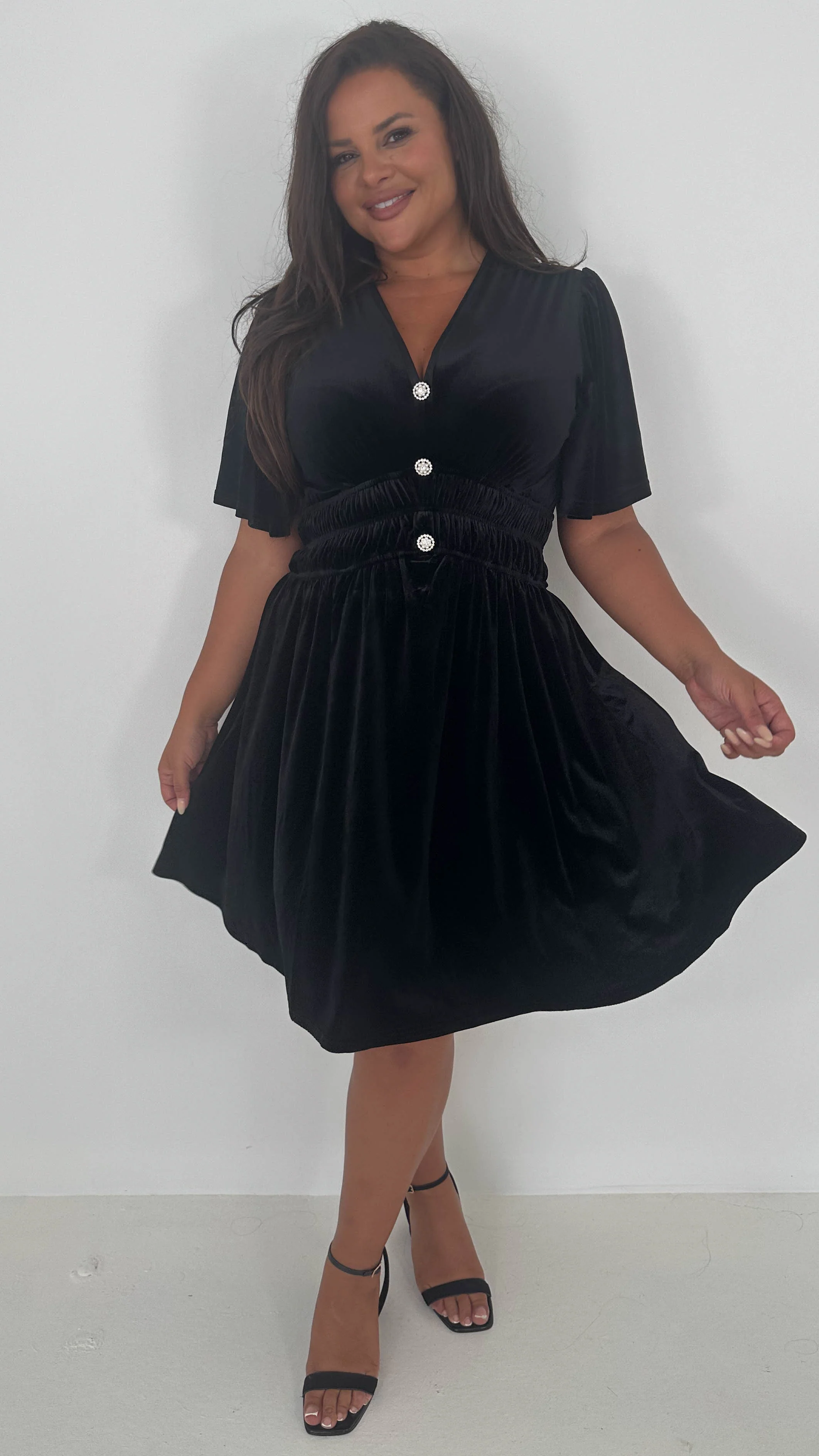 CurveWow Velvet Diamante Button Front Mini Dress Black - Insurauncei