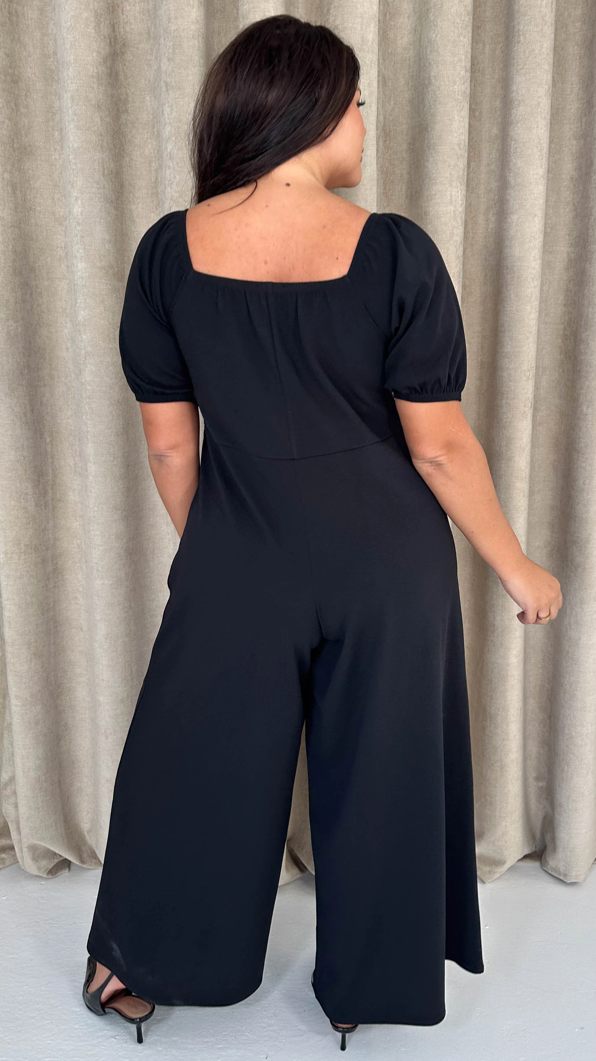 CurveWow O-Ring Milkmaid Wideleg Jumpsuit Black - Insurauncei