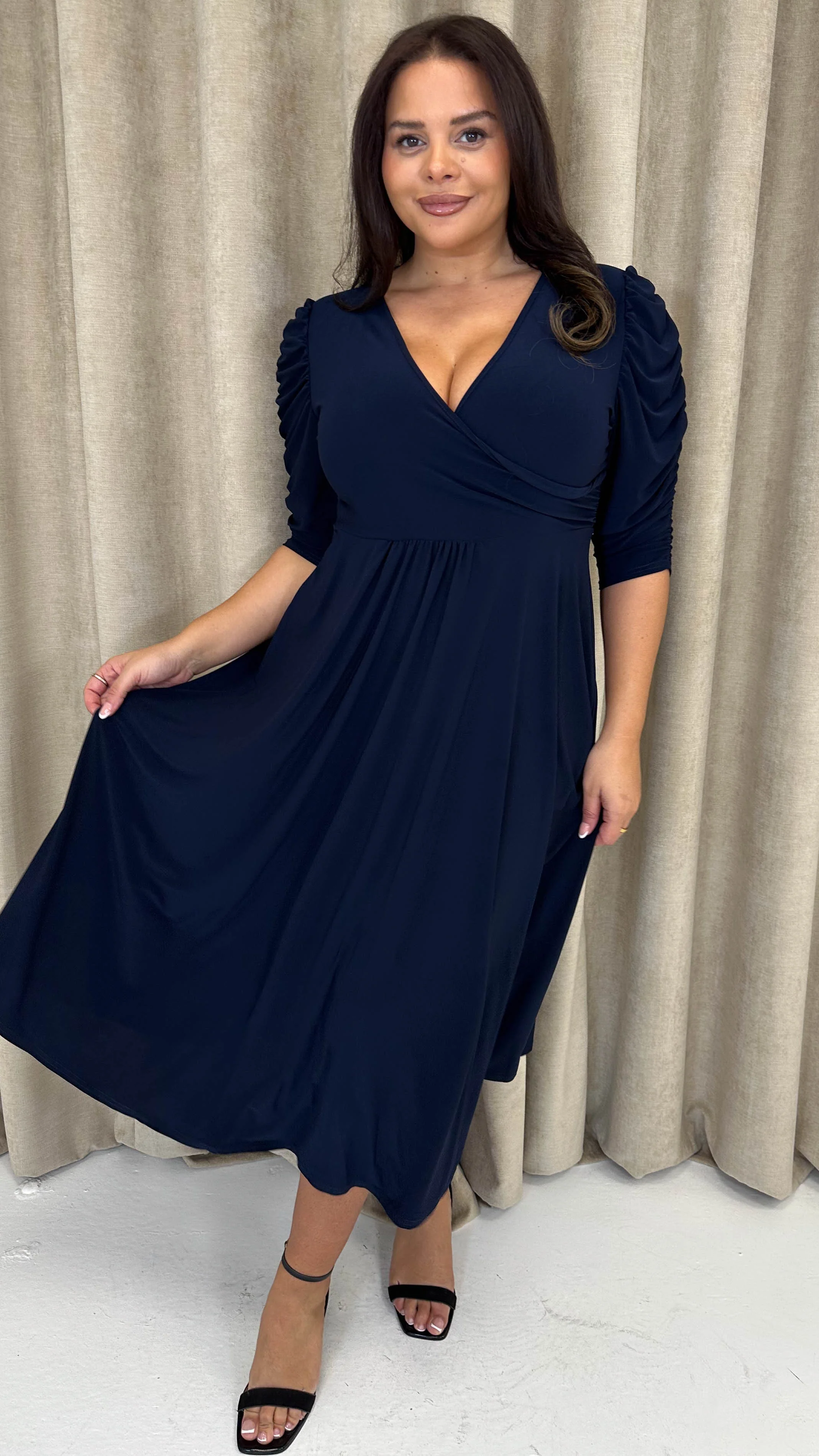 CurveWow 3/4 Balloon Sleeve Wrap Midi Dress Navy - Insurauncei