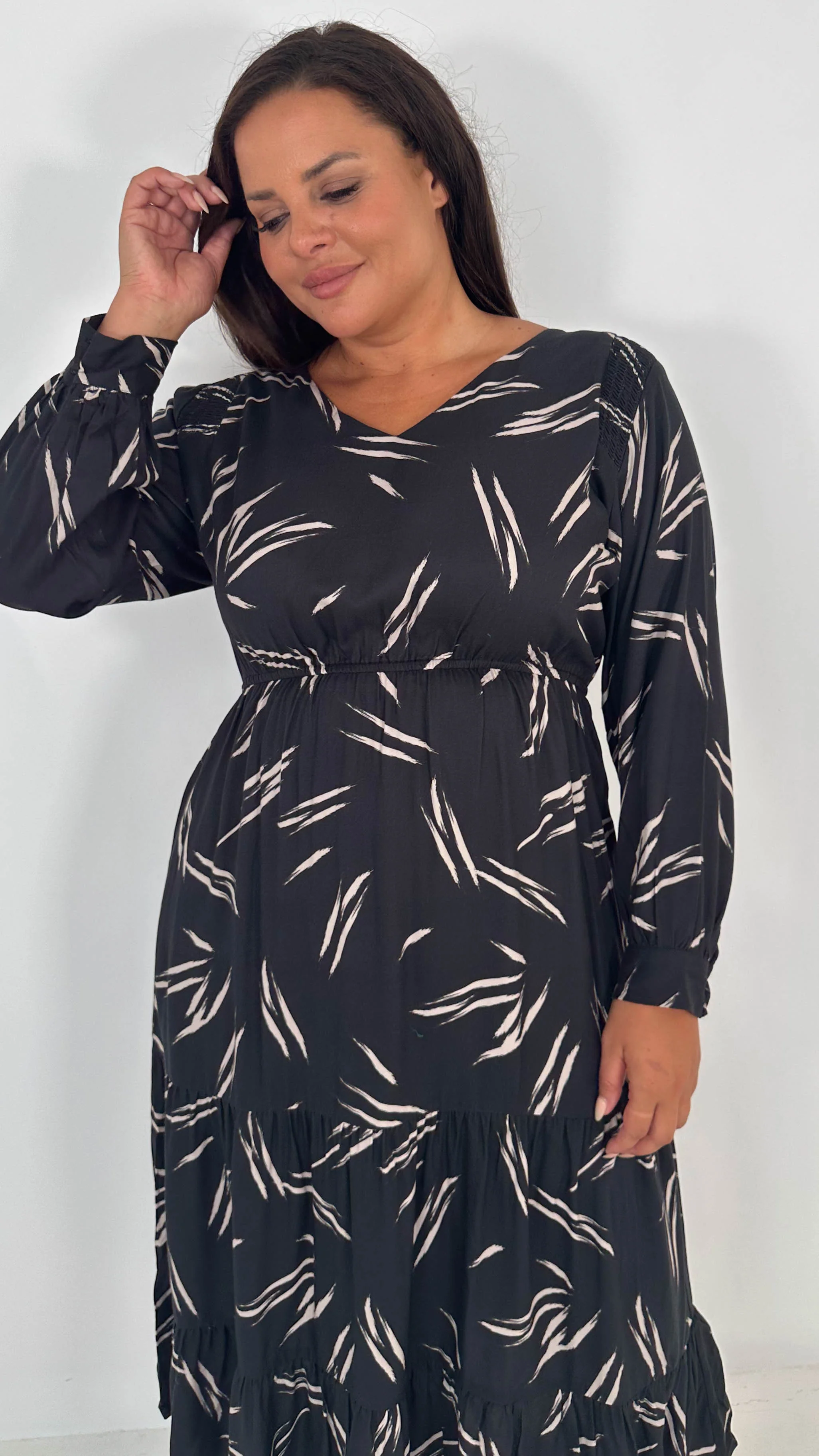 CurveWow V-Neck Midi Dress Black & Nude Print - Insurauncei