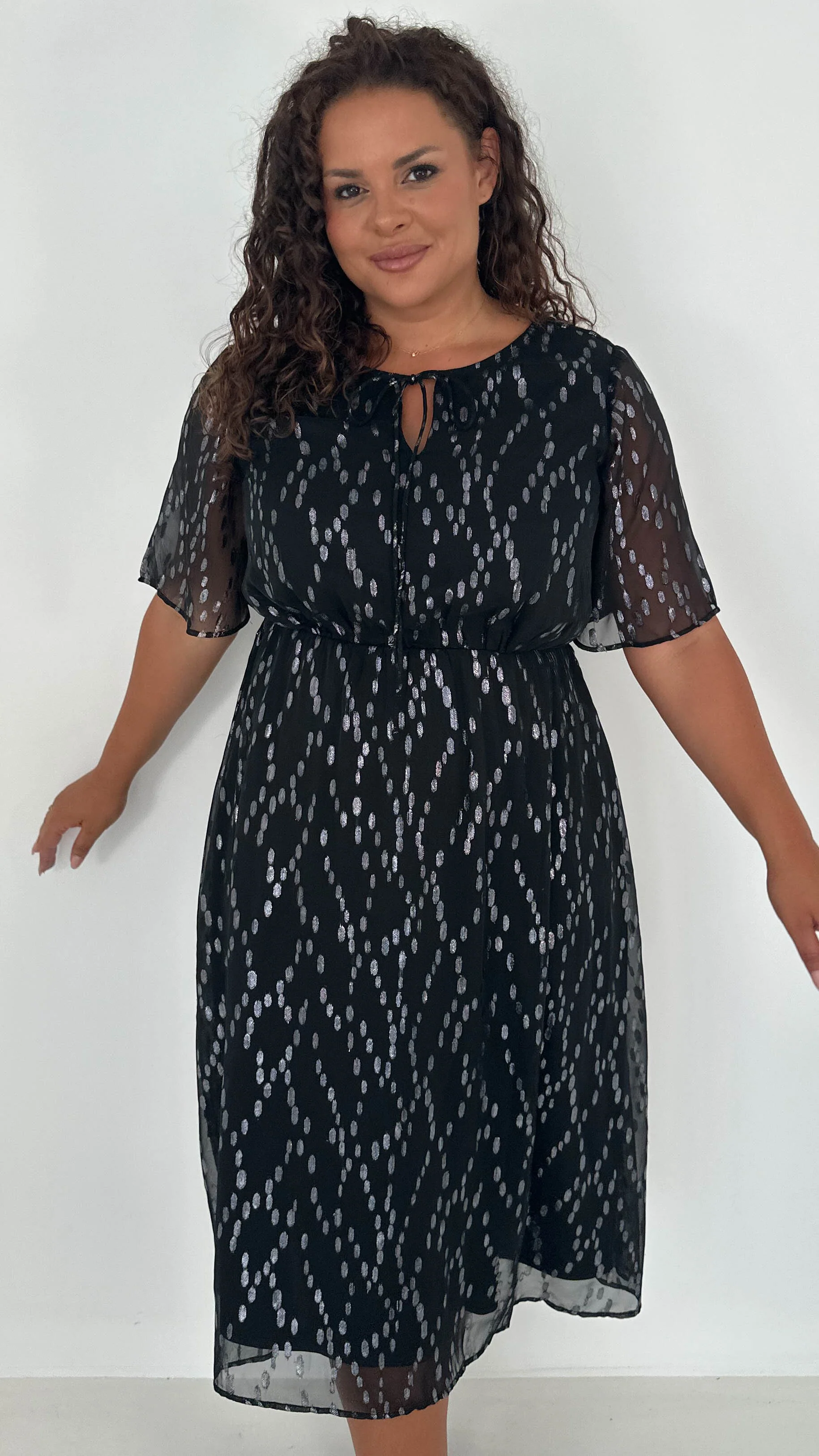 CurveWow Foil Tie Front Midi Dress Black Silver - Insurauncei