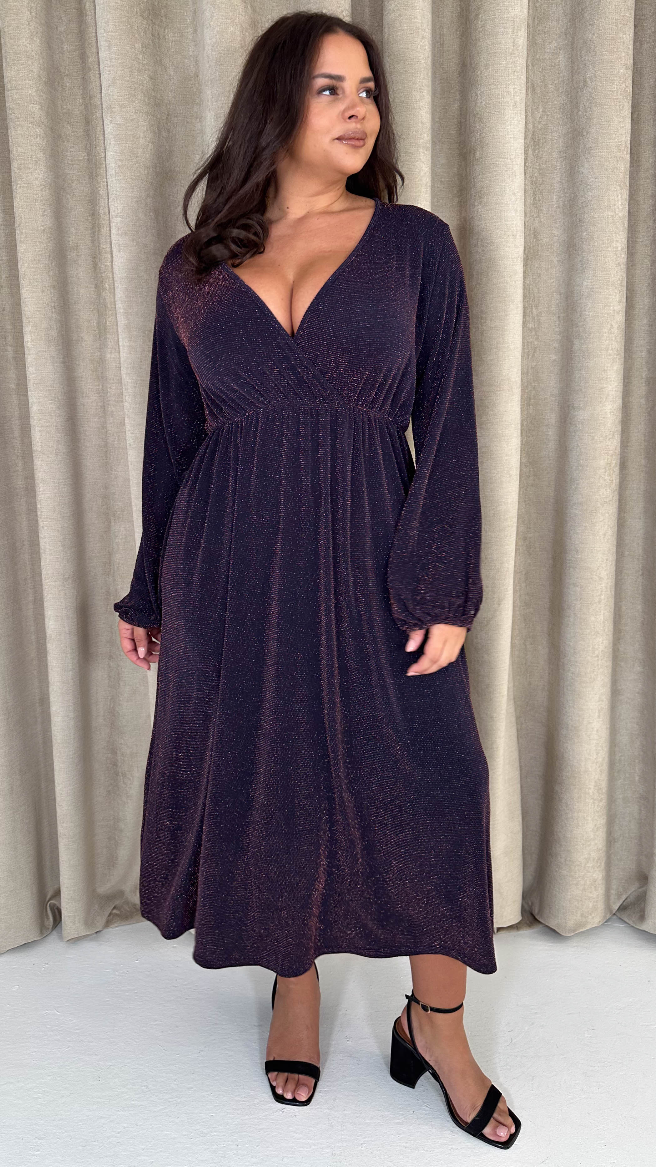 CurveWow Wrap Balloon Sleeve Midaxi Dress Navy Sparkle - Insurauncei