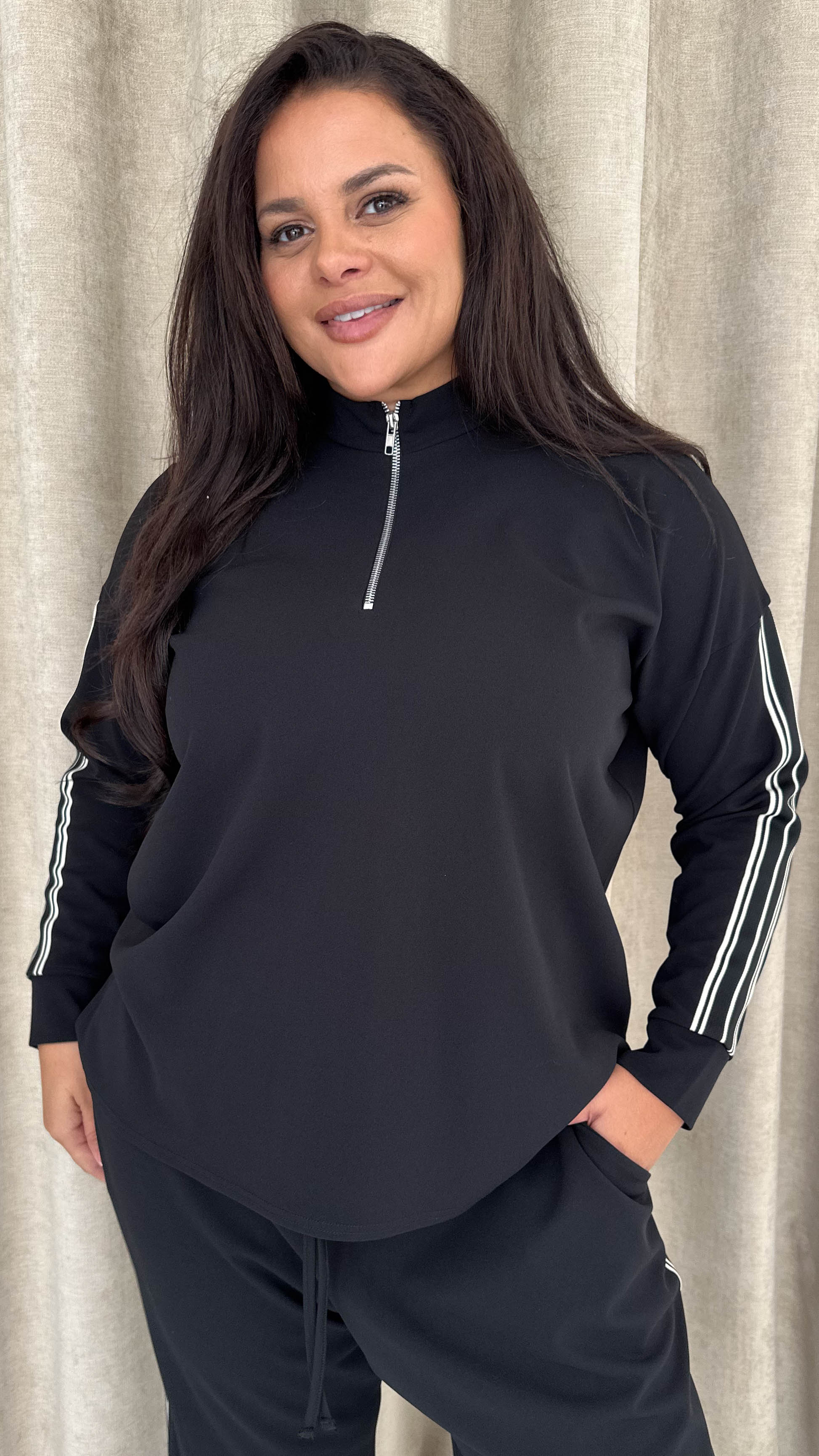 CurveWow Half Zip Tape Shoulder Top Black - Insurauncei