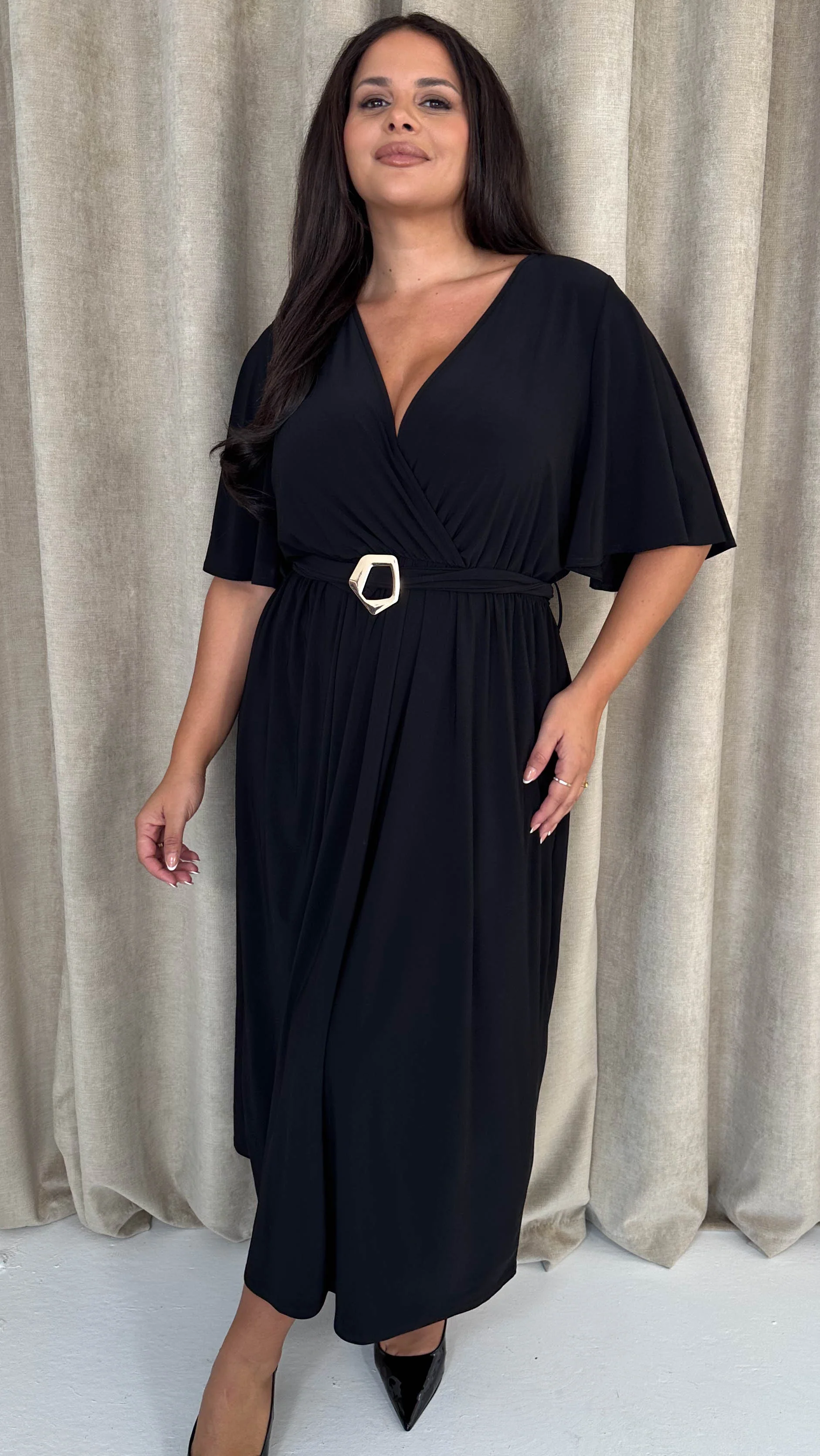 CurveWow Irregular Buckle Split Front Wrap Dress Black - Insurauncei