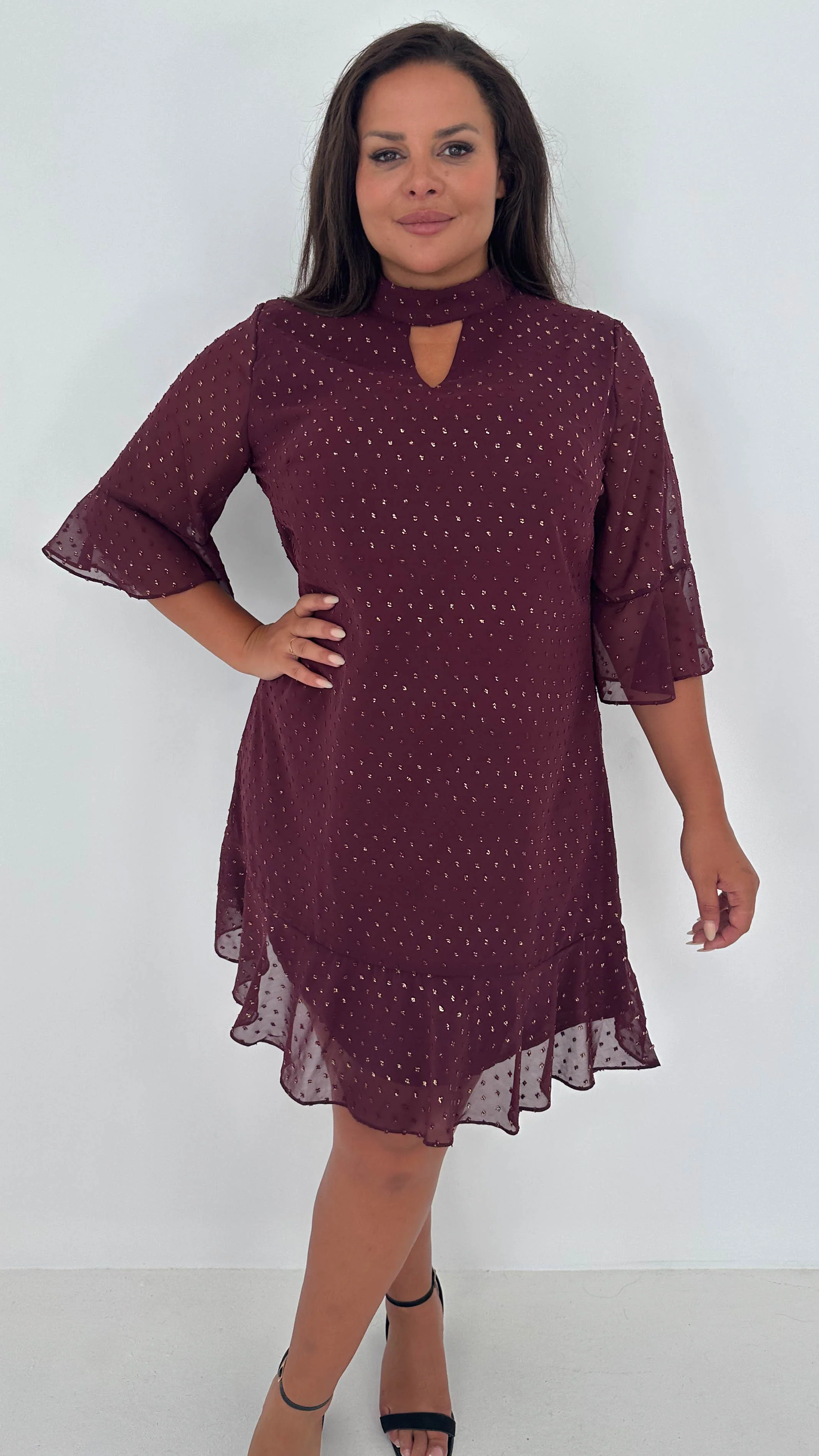 CurveWow Gold Spot Keyhole Shift Dress Plum - Insurauncei