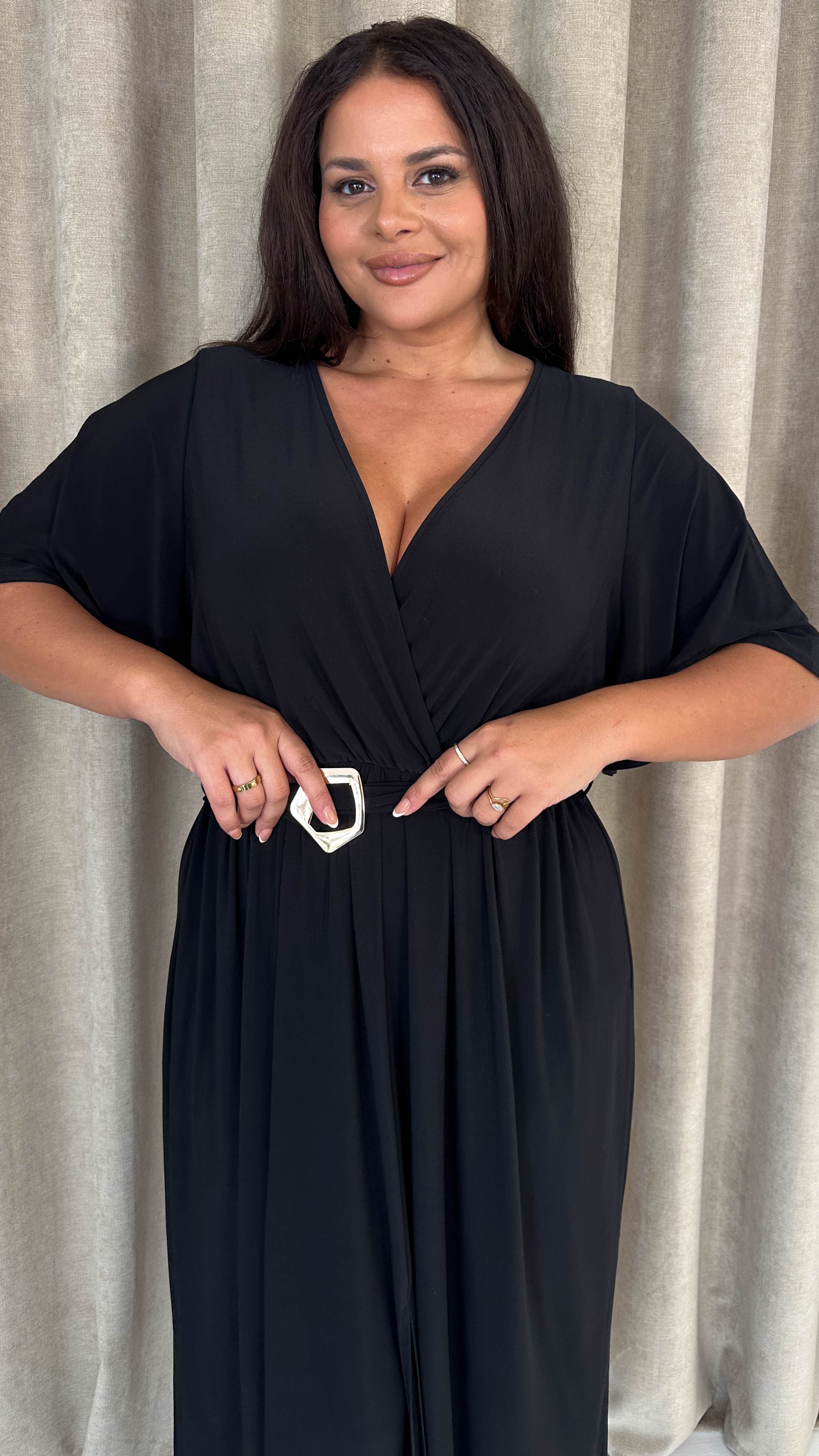 CurveWow Irregular Buckle Split Front Wrap Dress Black - Insurauncei