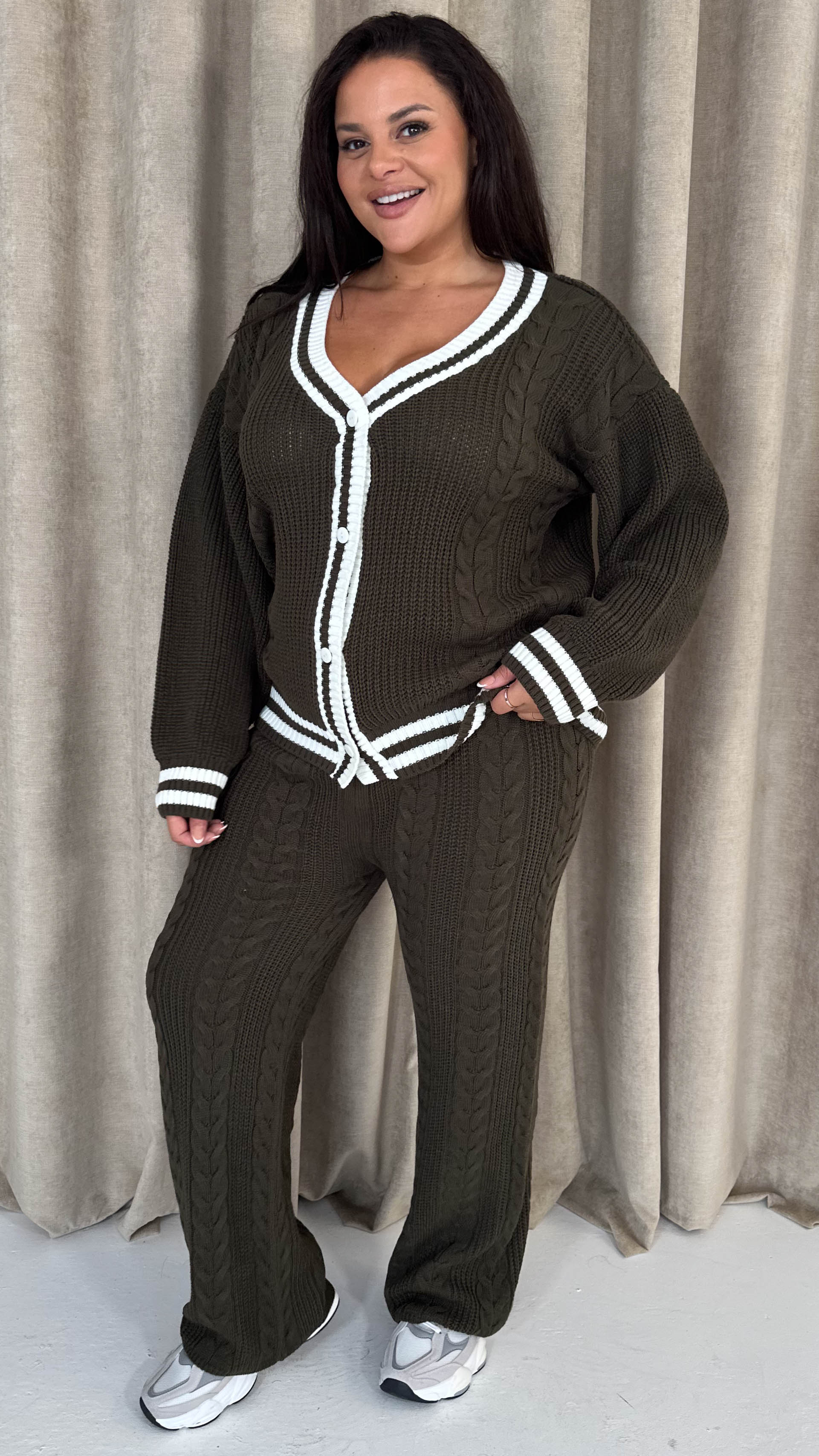CurveWow Stripe Tape Cardigan Co-Ord Khaki - Insurauncei