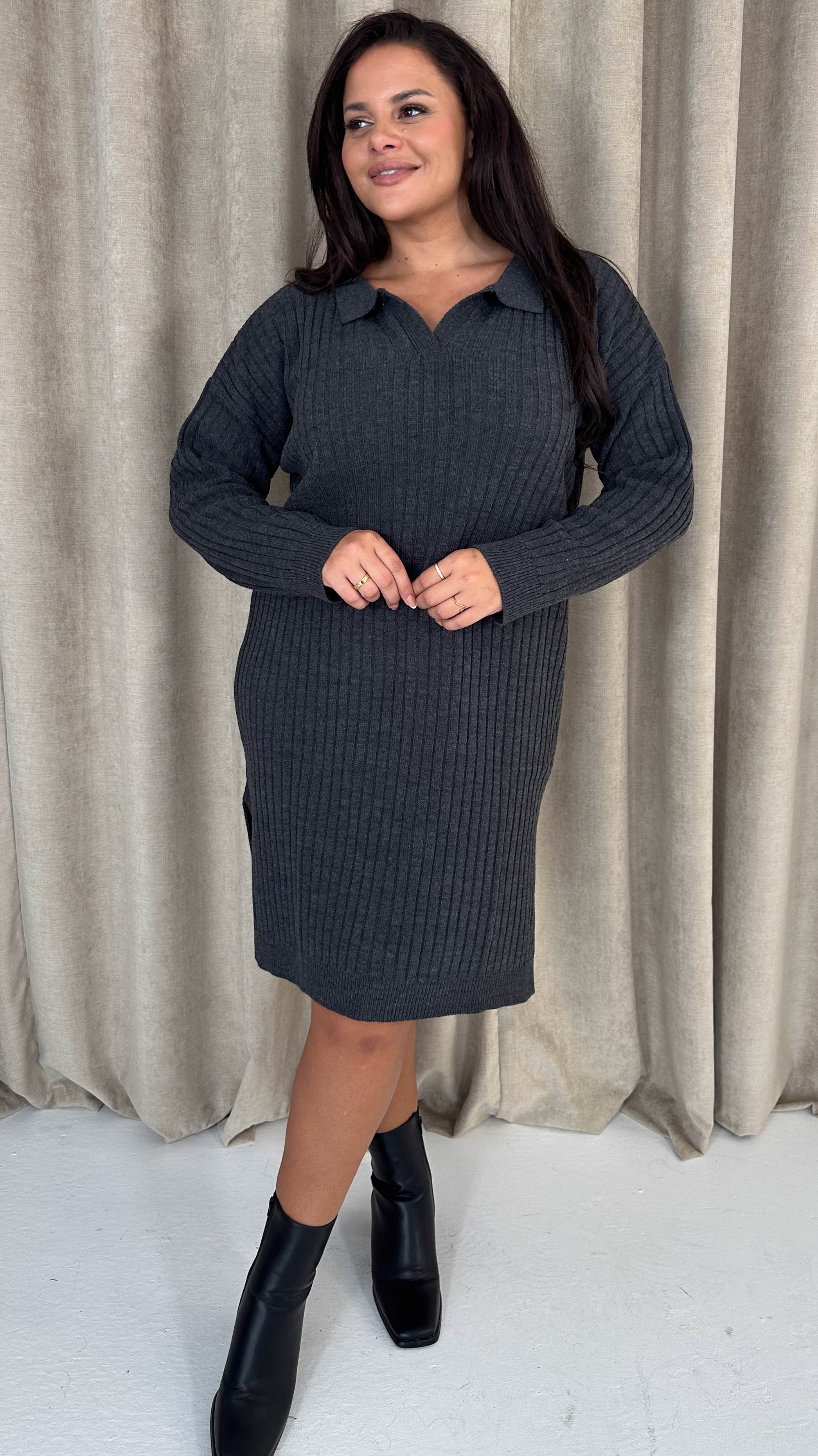 CurveWow Collar Rib Knitted Jumper Dress Charcoal - Insurauncei