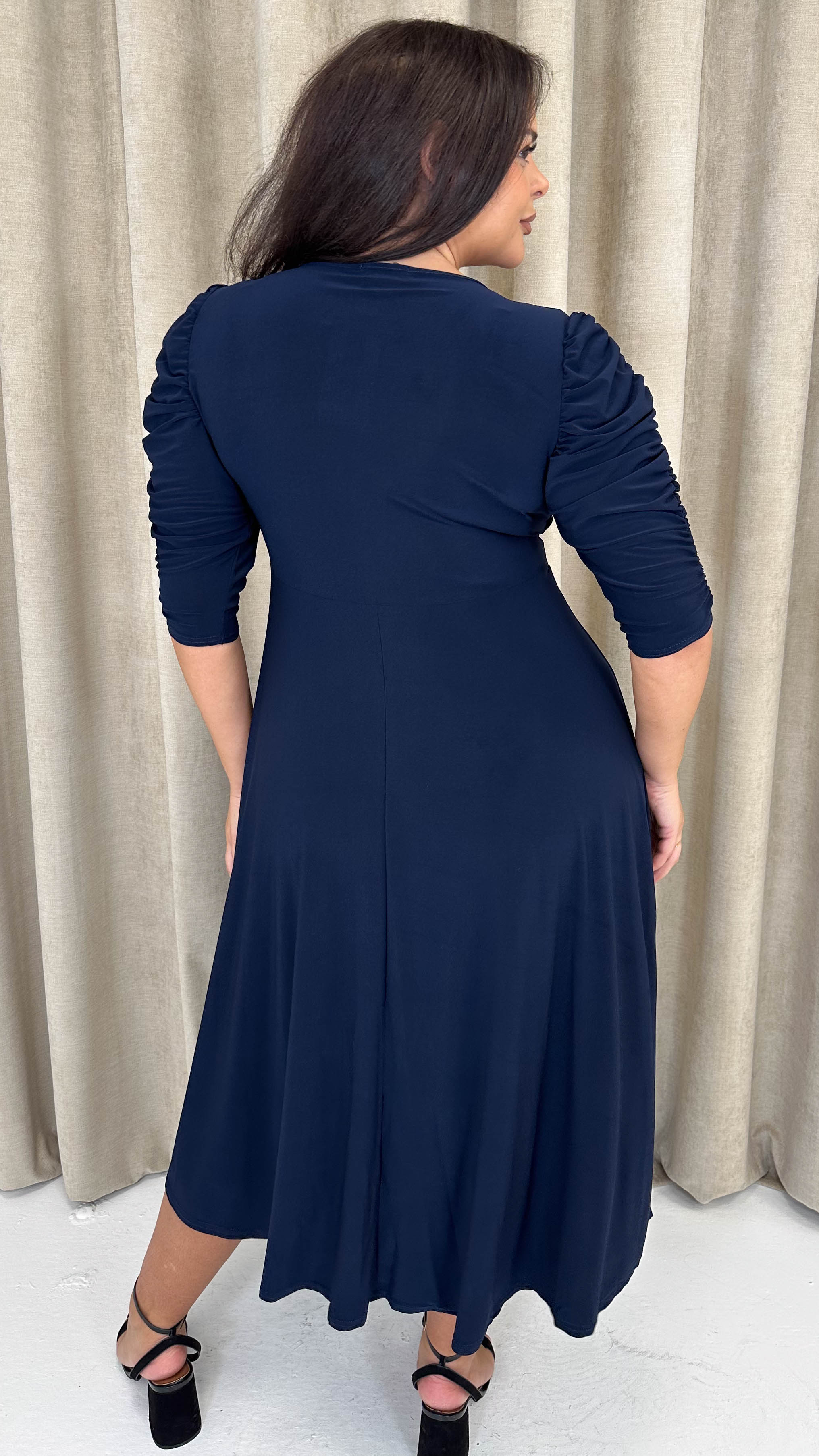 CurveWow 3/4 Balloon Sleeve Wrap Midi Dress Navy - Insurauncei