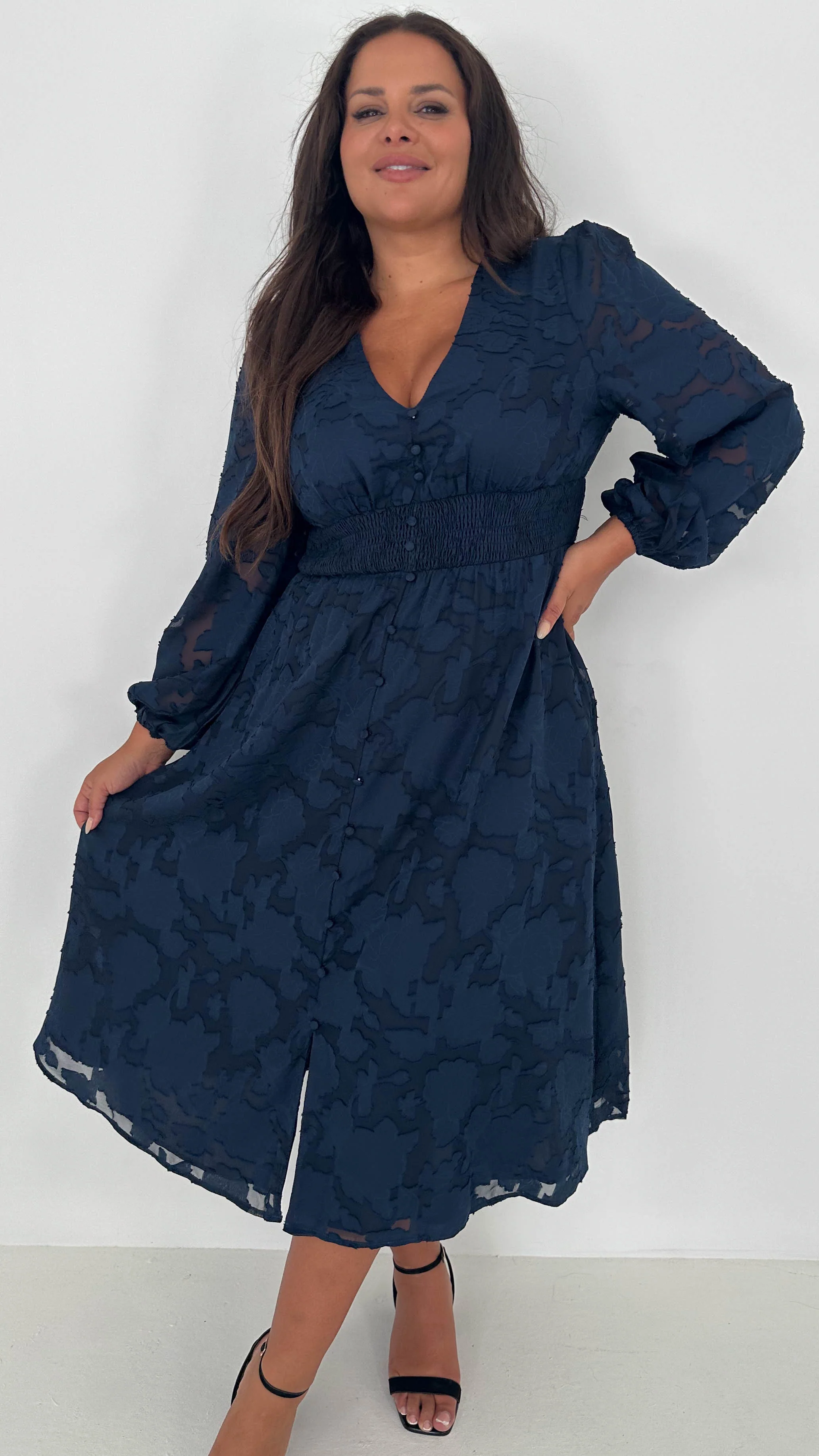 CurveWow Davore V-Neck Button Front Dress Navy - Insurauncei