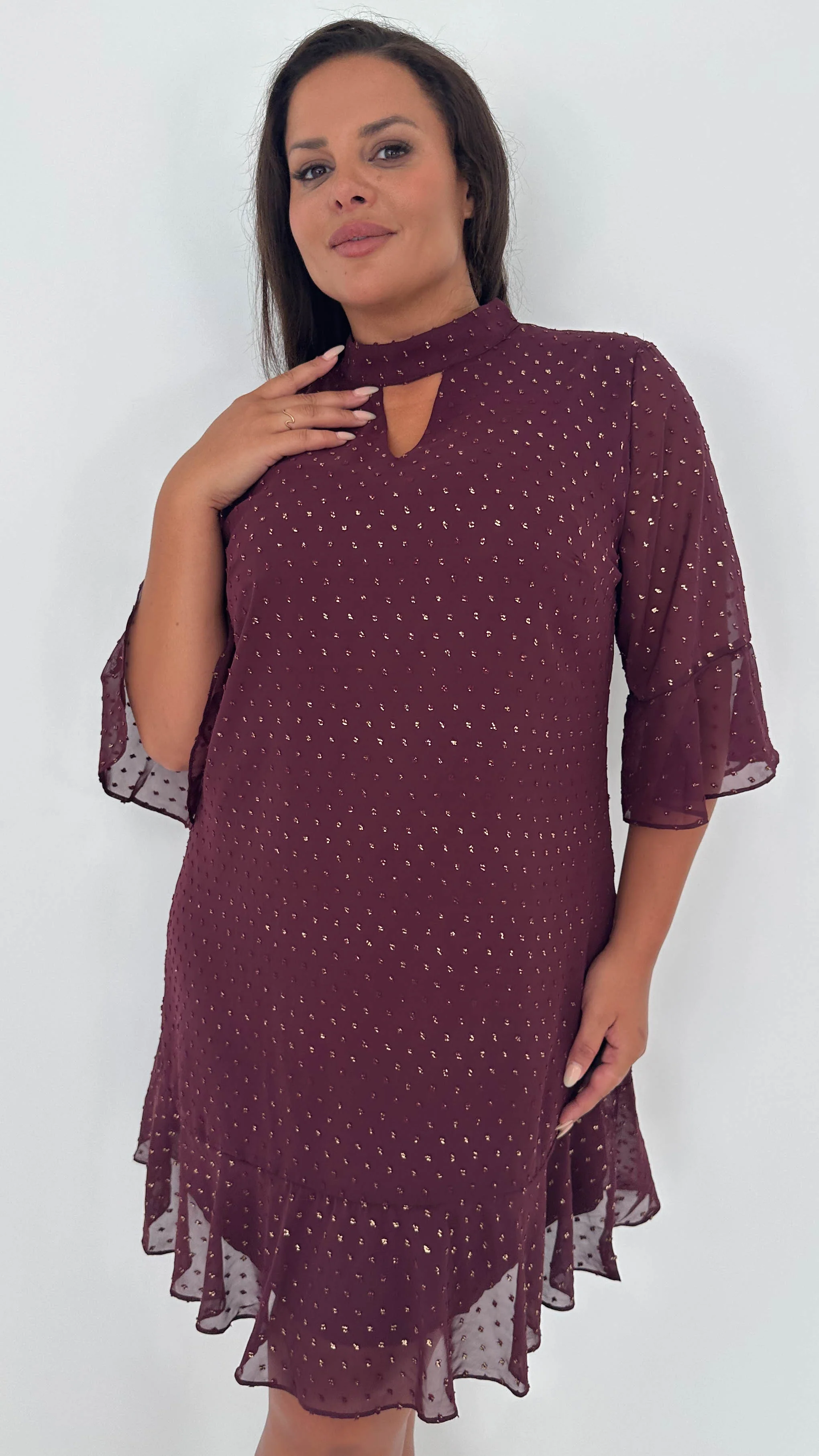 CurveWow Gold Spot Keyhole Shift Dress Plum - Insurauncei
