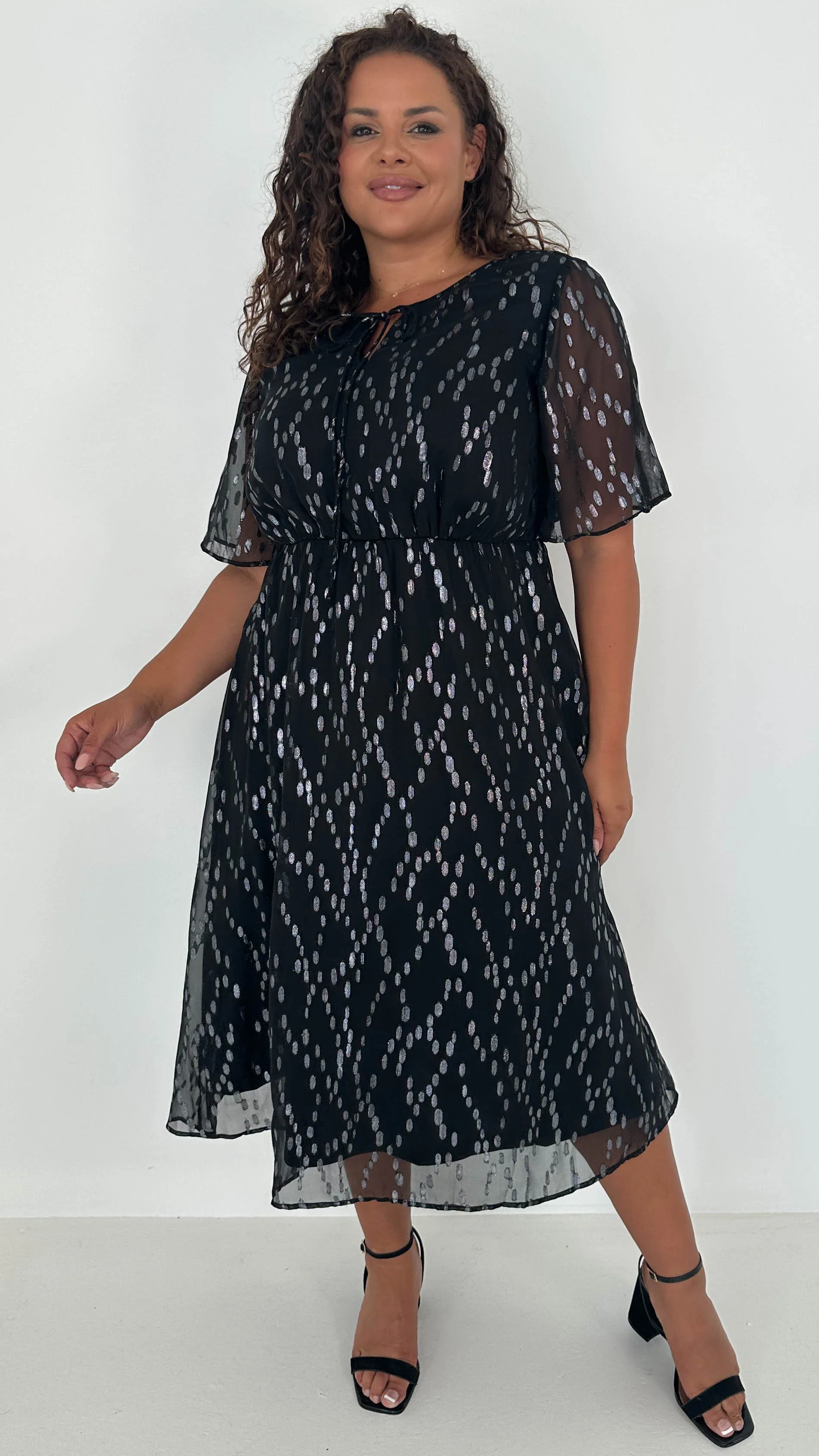 CurveWow Foil Tie Front Midi Dress Black Silver - Insurauncei
