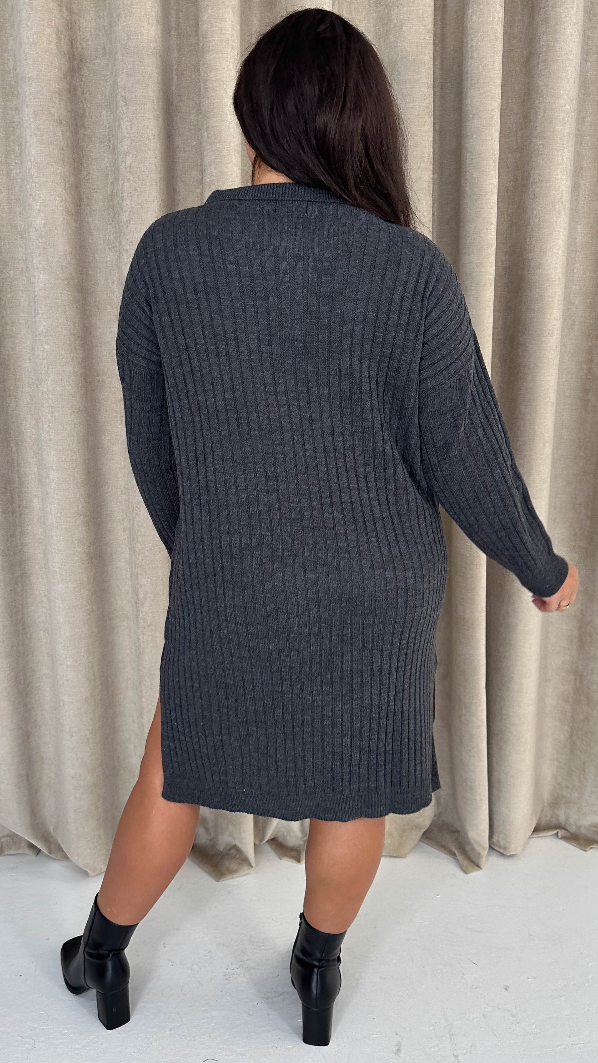 CurveWow Collar Rib Knitted Jumper Dress Charcoal - Insurauncei