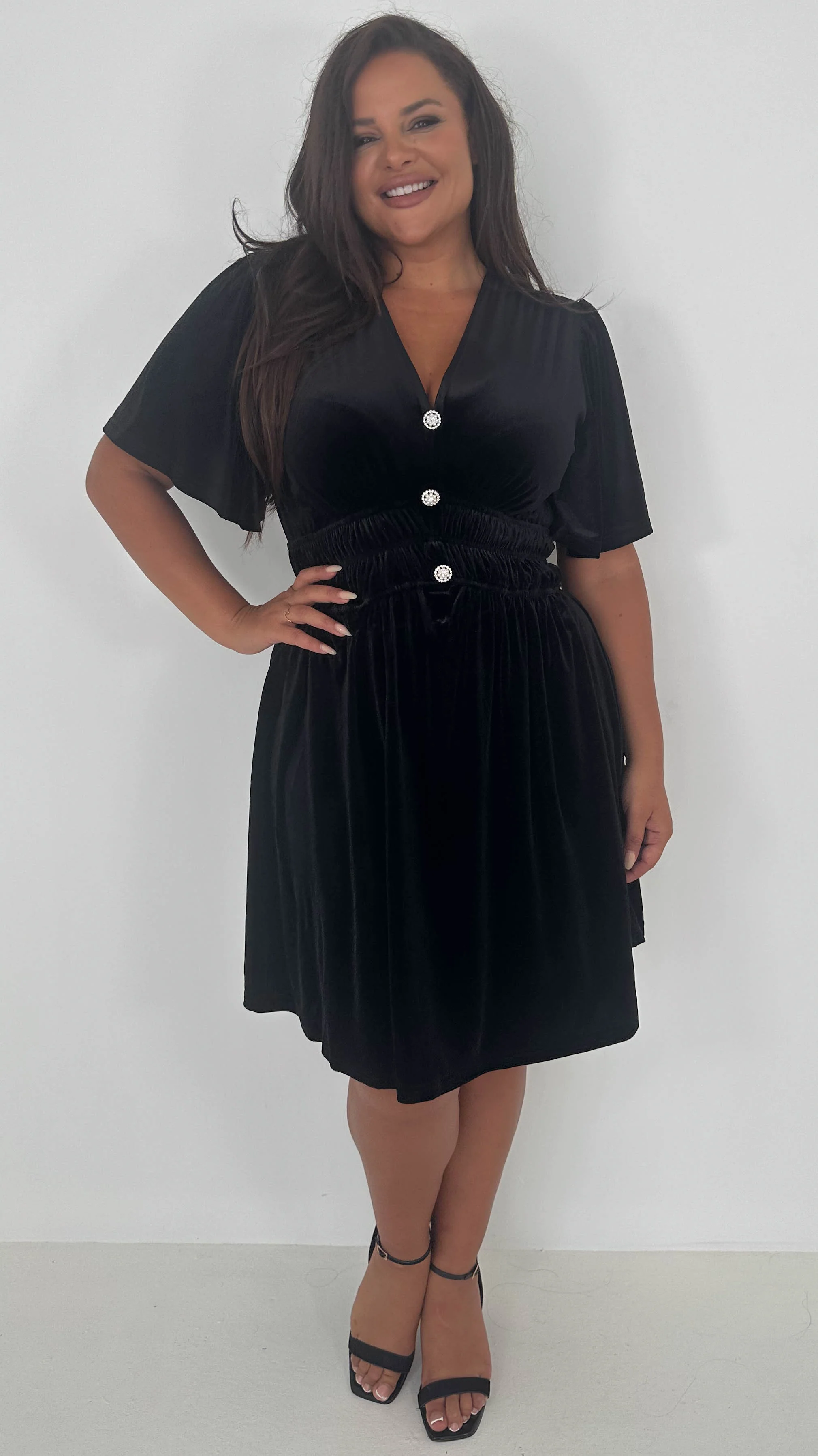 CurveWow Velvet Diamante Button Front Mini Dress Black - Insurauncei