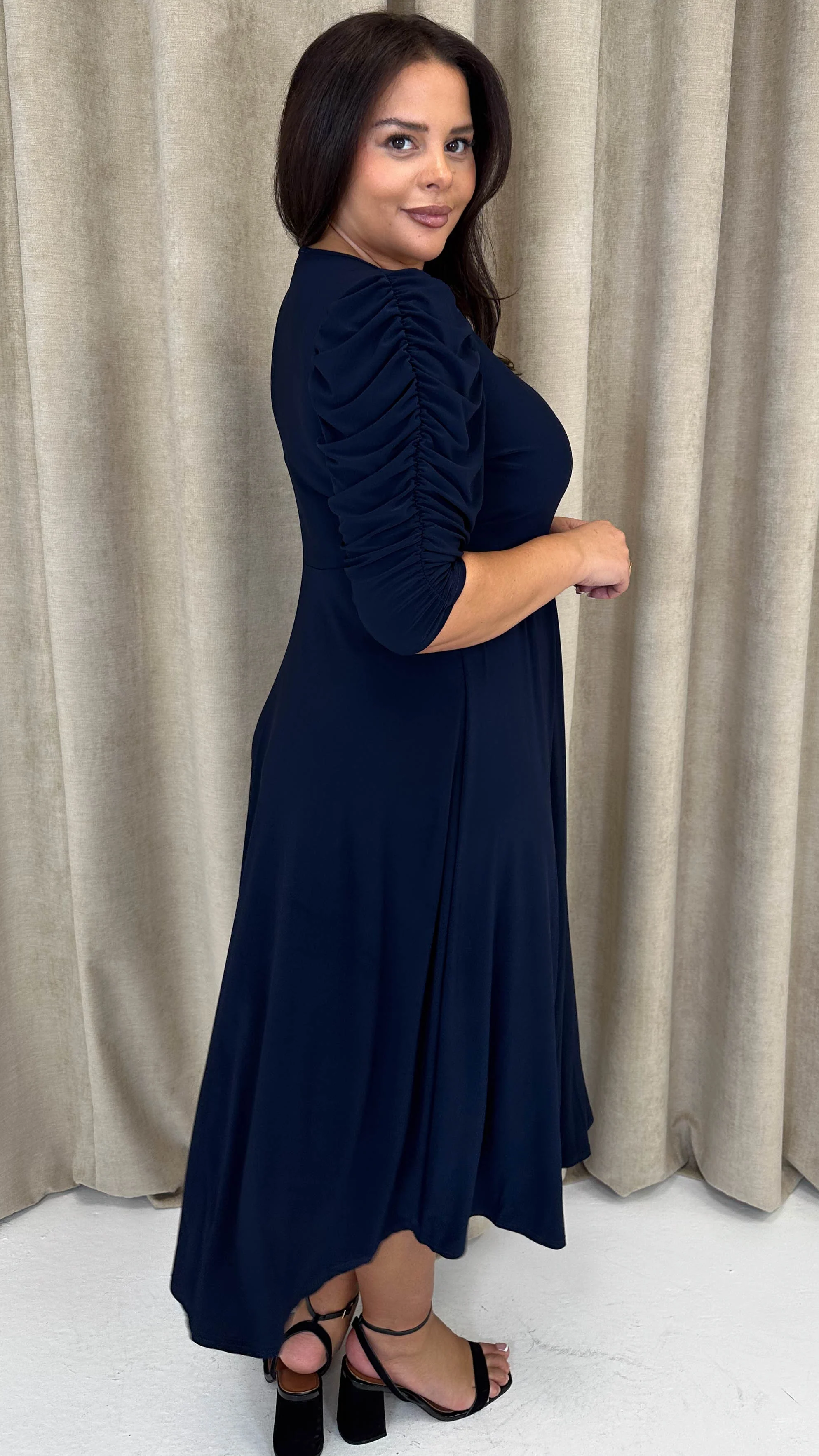 CurveWow 3/4 Balloon Sleeve Wrap Midi Dress Navy - Insurauncei