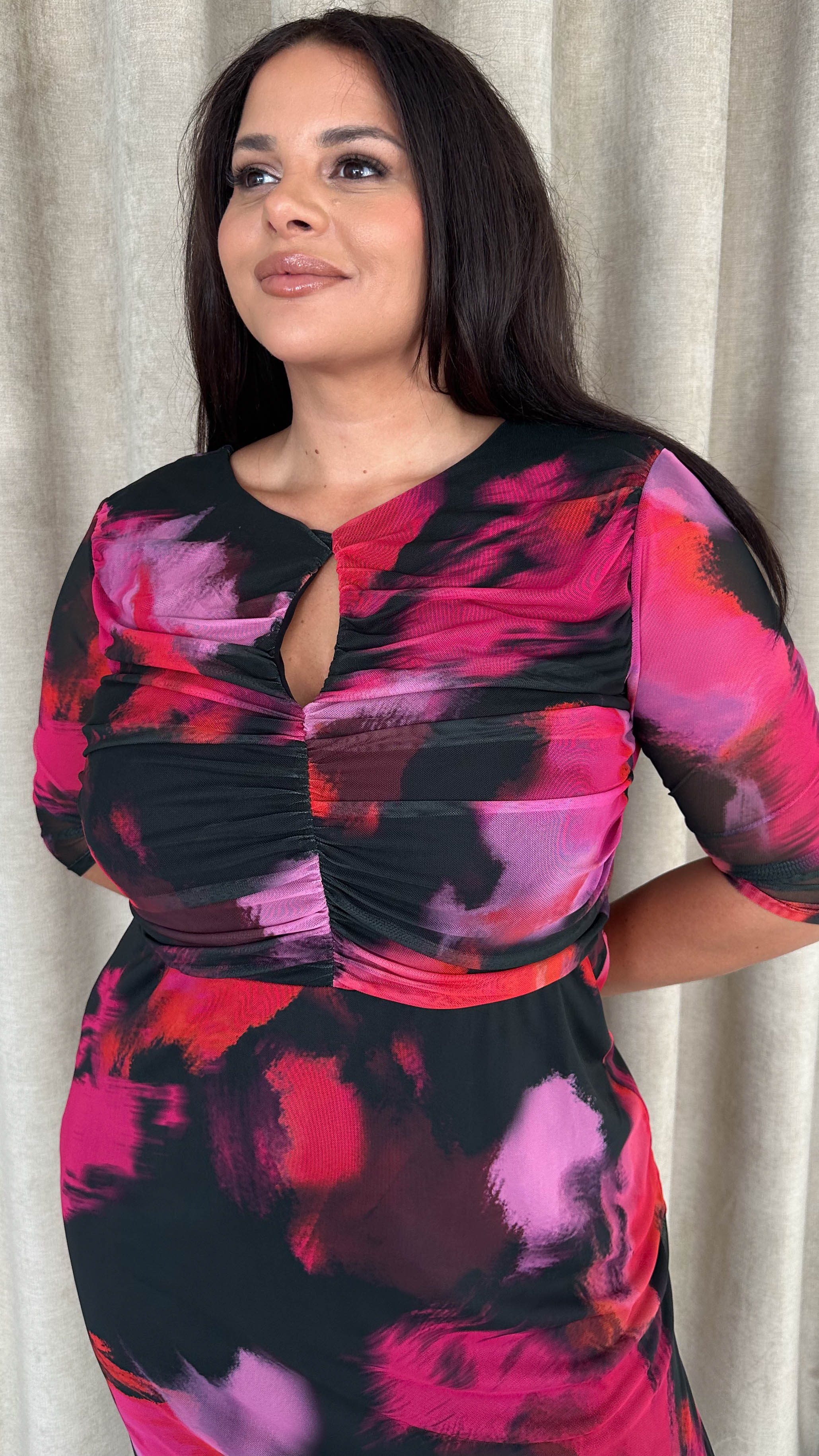 CurveWow Ruched Chest Keyhole Maxi Dress Pink Brush Stroke Print - Insurauncei