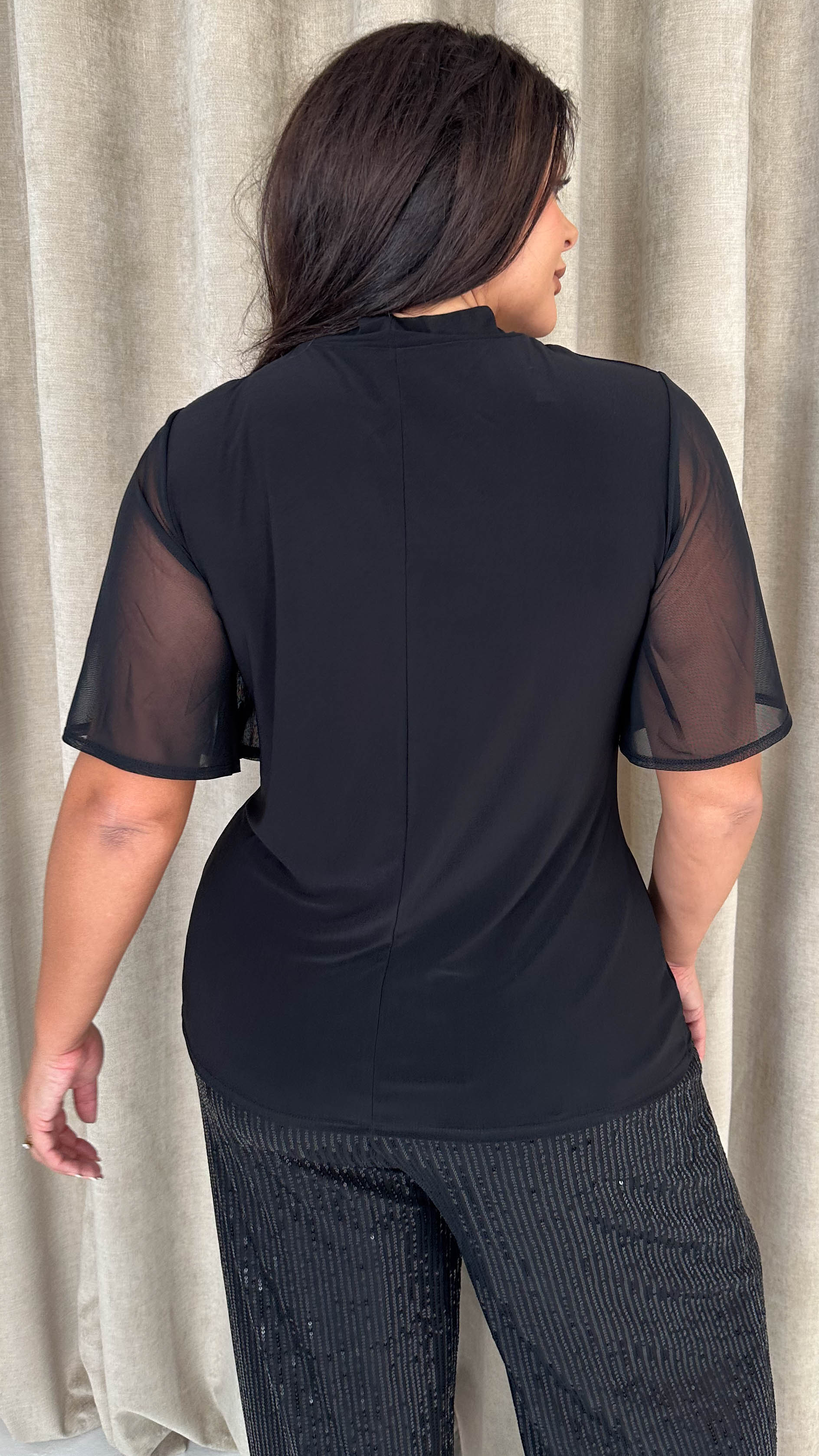 CurveWow Mesh Angel Sleeve Twist Neck Top Black - Insurauncei