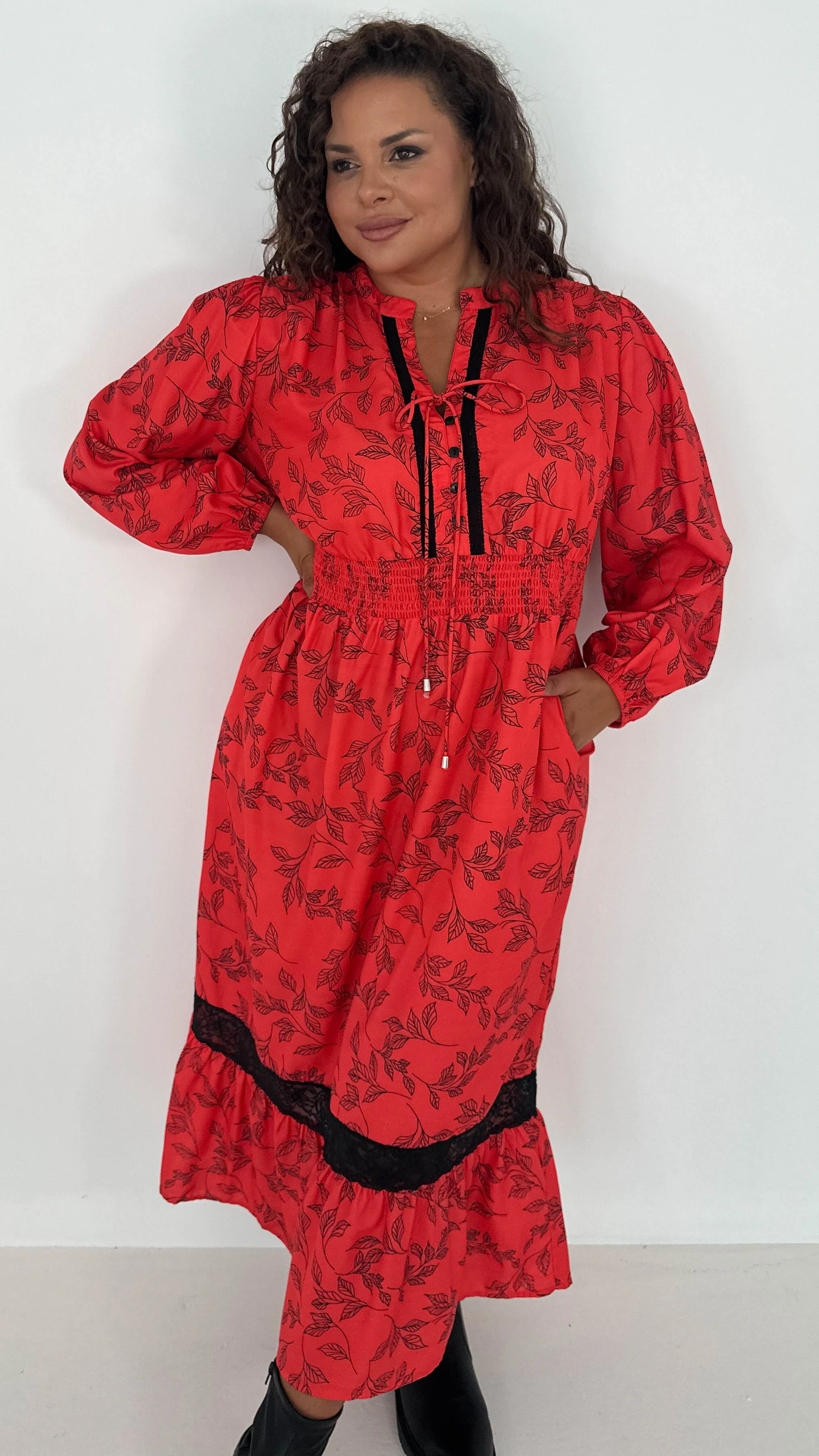 CurveWow Lace Insert Printed Midi Dress Red Leaf - Insurauncei